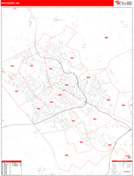 Kitchener Canada City Wall Map Red Line Style