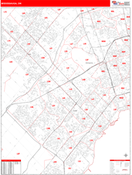 Mississauga Canada City Wall Map Red Line Style