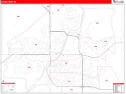 Saskatoon Canada City Wall Map Red Line Style