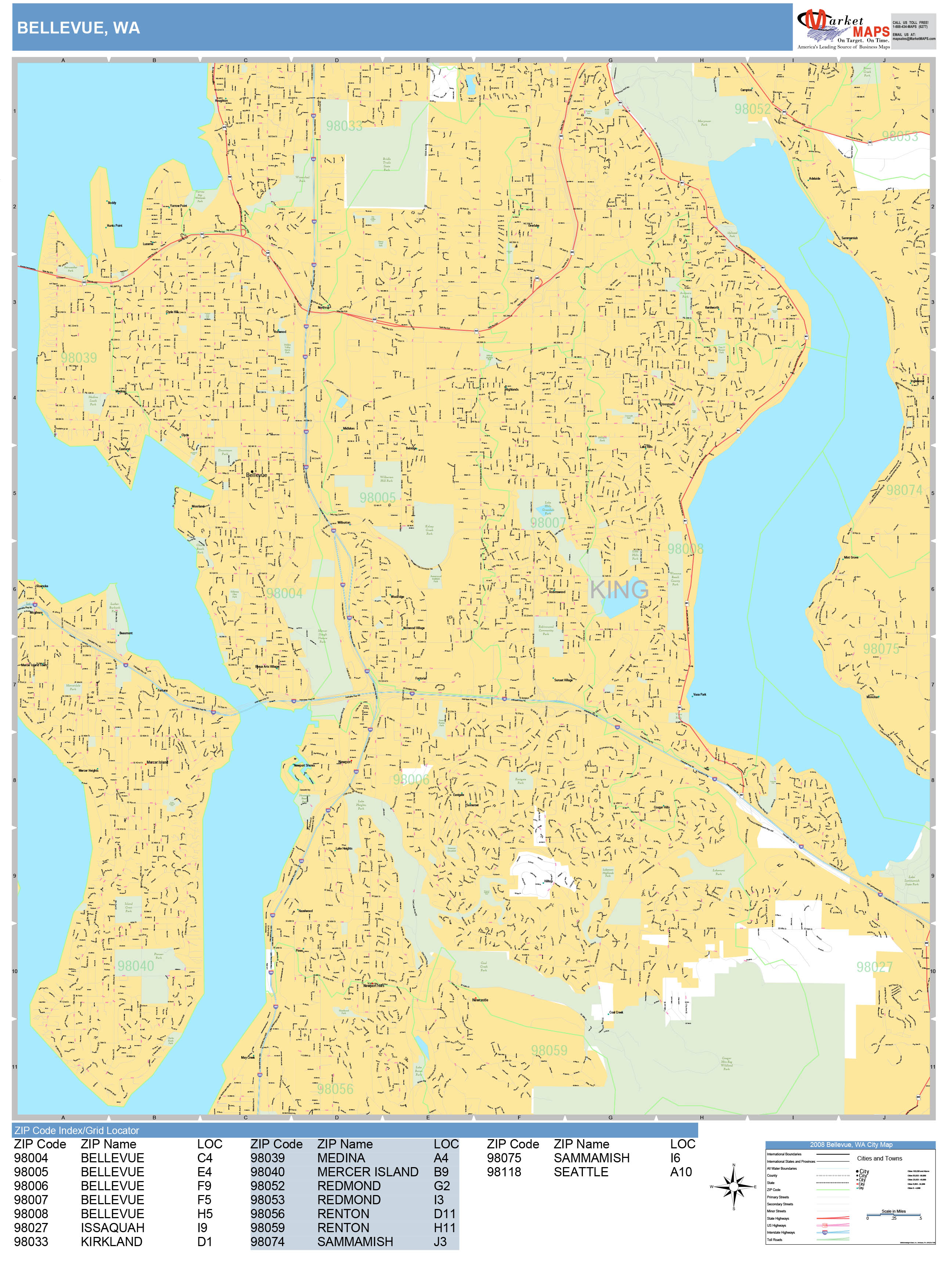 Bellevue Washington Wall Map (Basic Style) by MarketMAPS