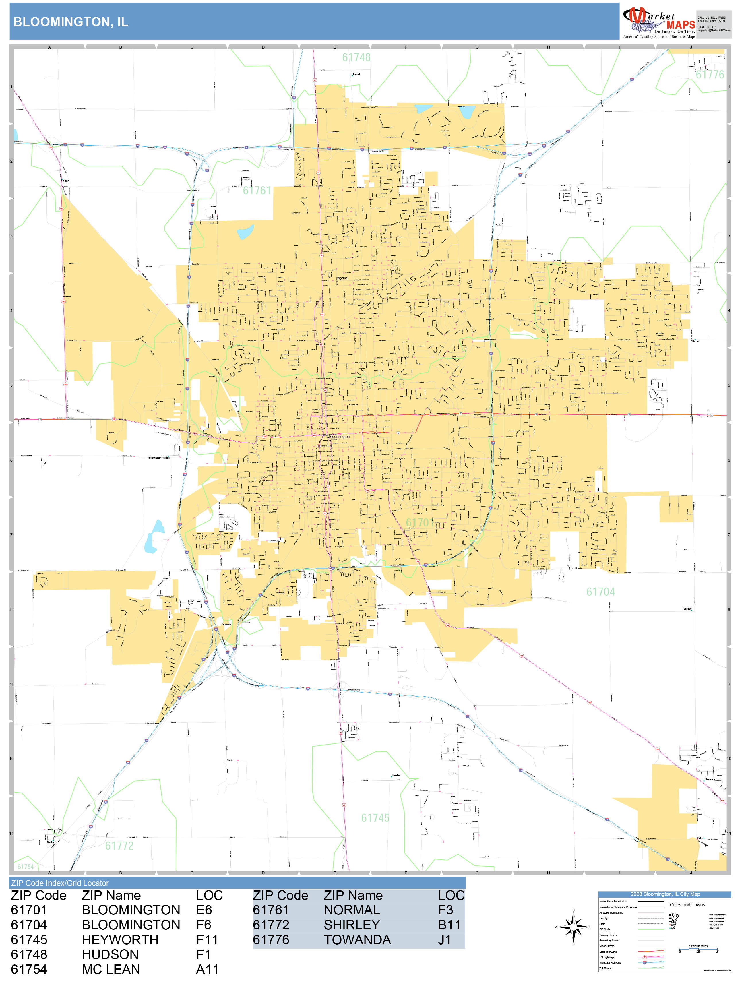 Bloomington Illinois Wall Map (Basic Style) by MarketMAPS - MapSales.com