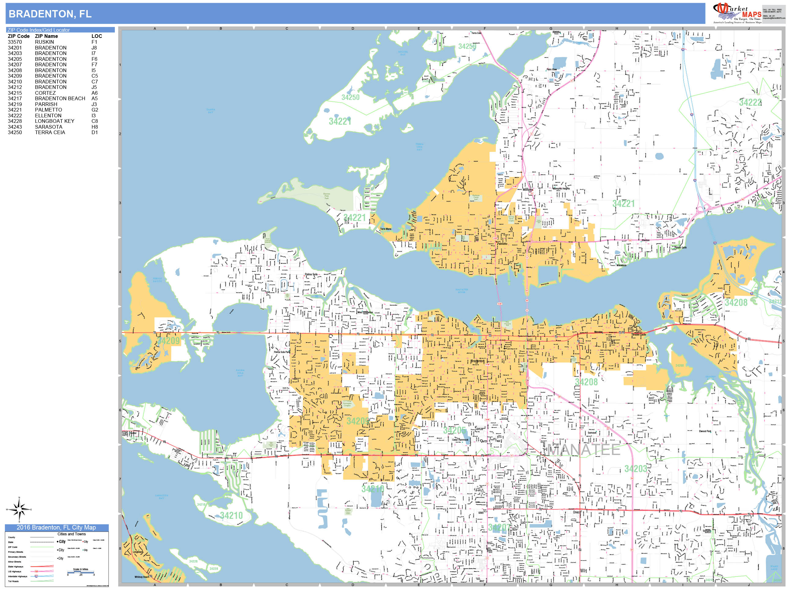 Bradenton Florida Wall Map Basic - Bradenton FL