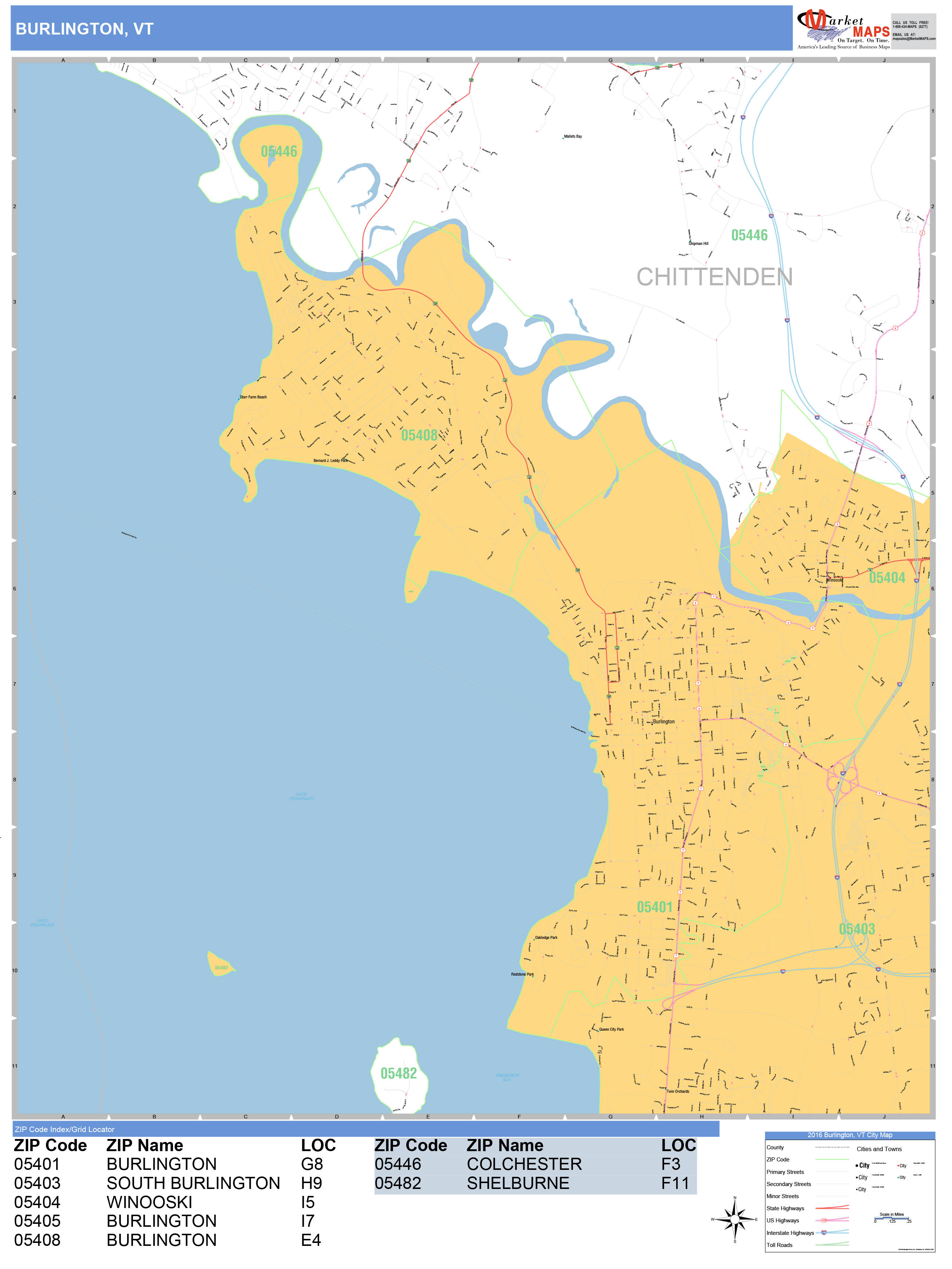 Burlington Vermont Wall Map (Basic Style) by MarketMAPS MapSales