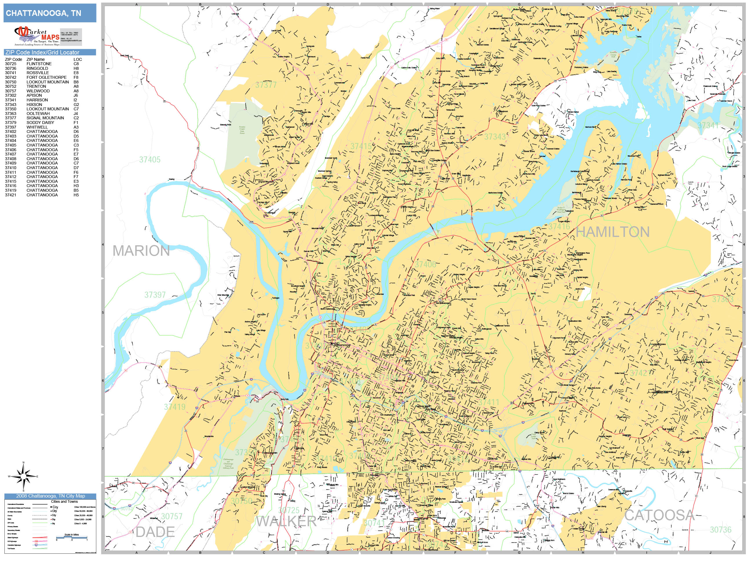 Chattanooga Tennessee Wall Map (Basic Style) by MarketMAPS MapSales