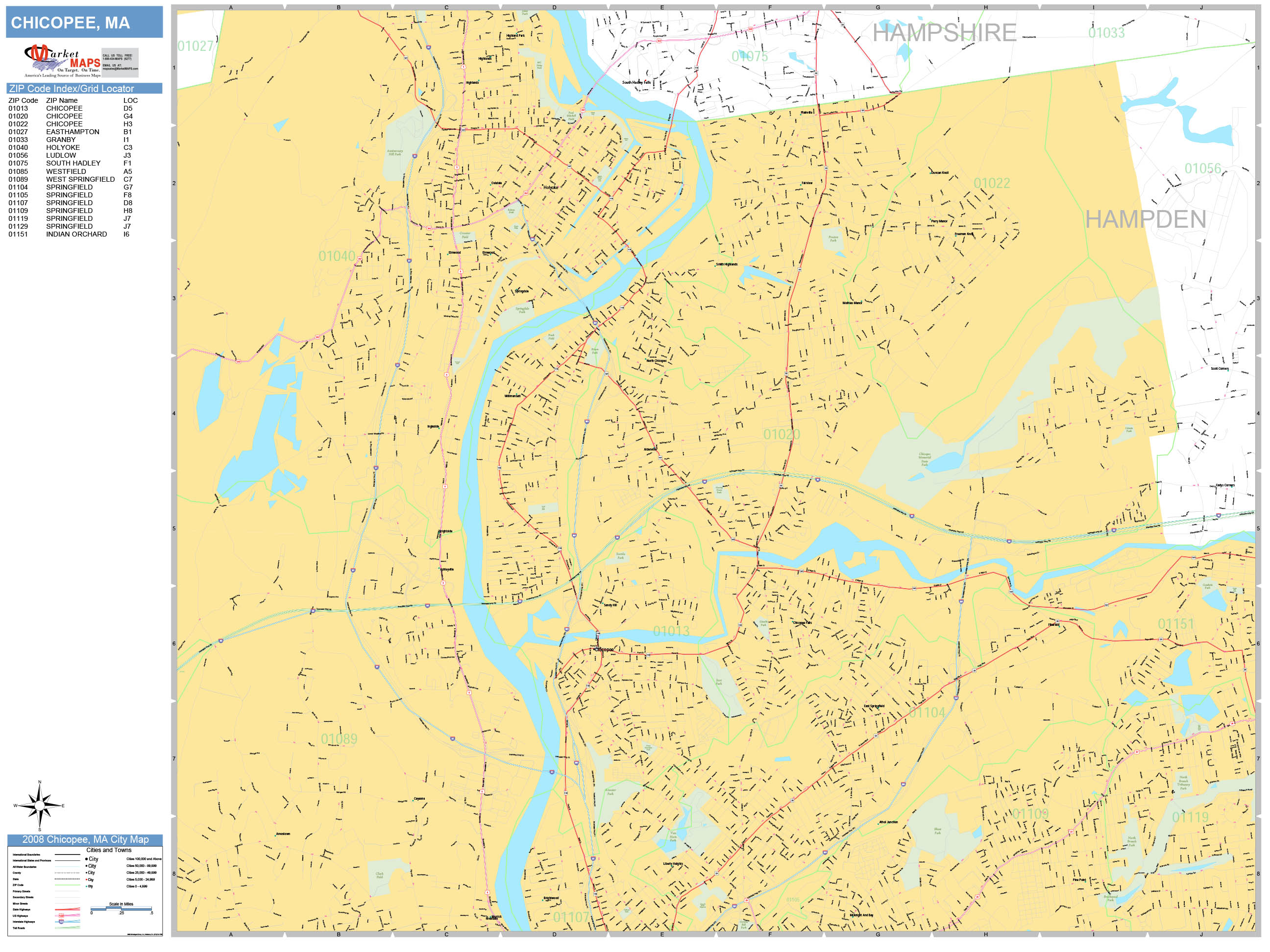Chicopee Massachusetts Wall Map (Basic Style) by MarketMAPS