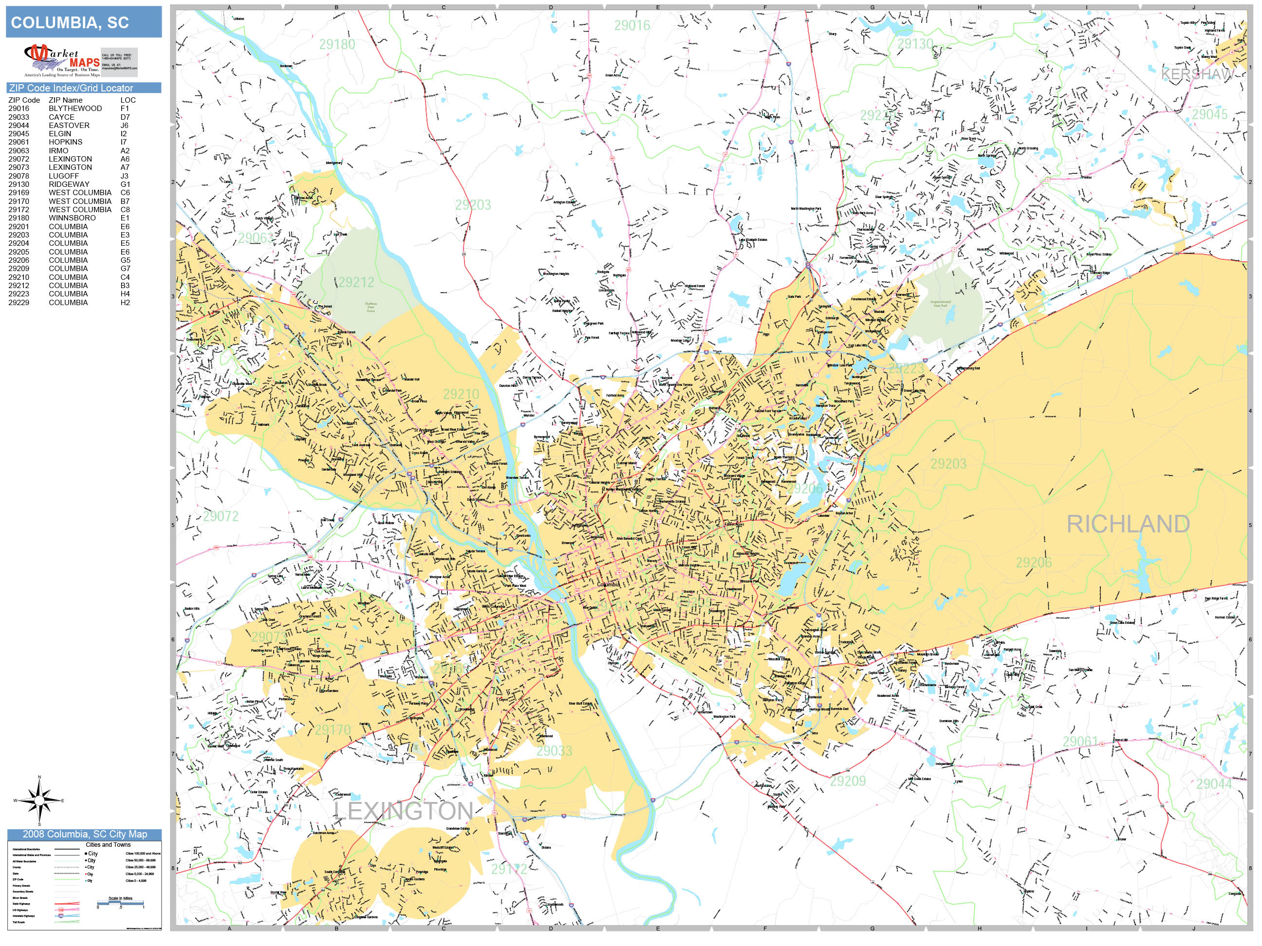 Columbia South Carolina Wall Map (Basic Style) by MarketMAPS