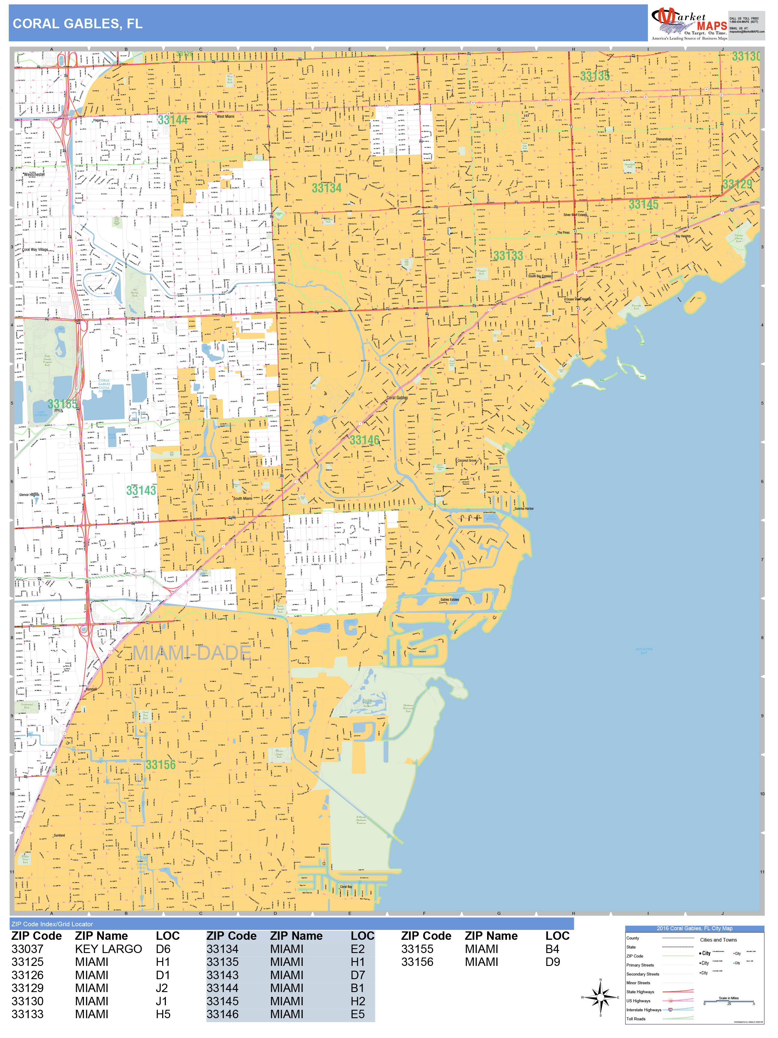 Coral Gables Florida Wall Map (Basic Style) by MarketMAPS