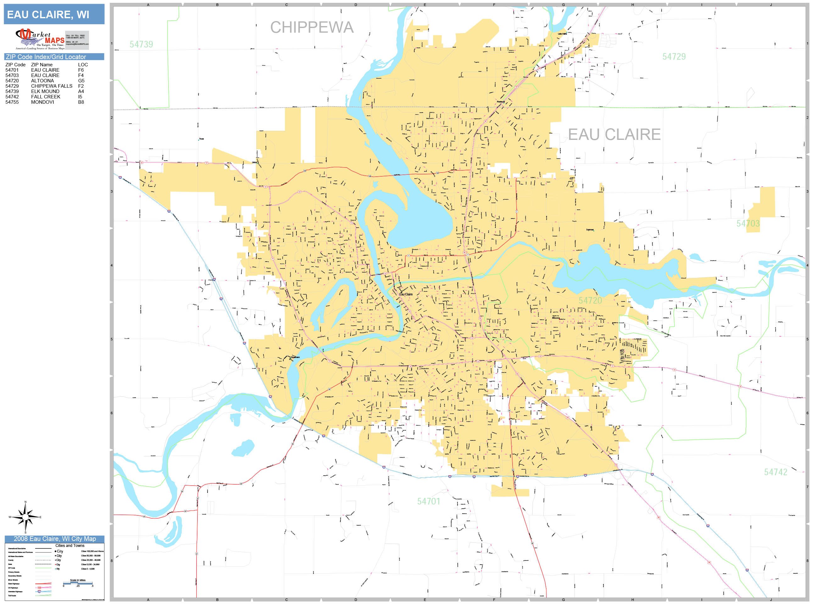 Eau Claire Wisconsin Wall Map (Basic Style) by MarketMAPS MapSales