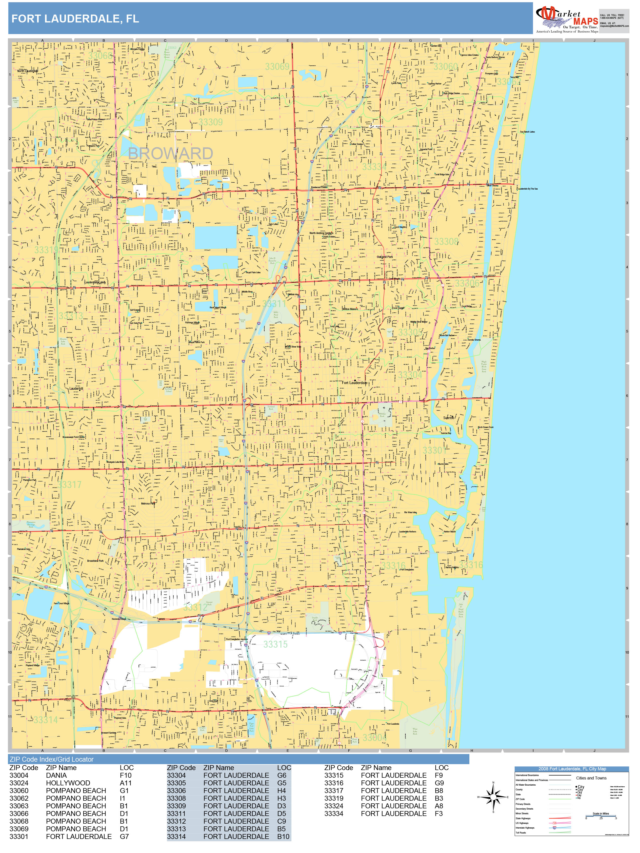 Fort Lauderdale Florida Wall Map (Basic Style) by MarketMAPS