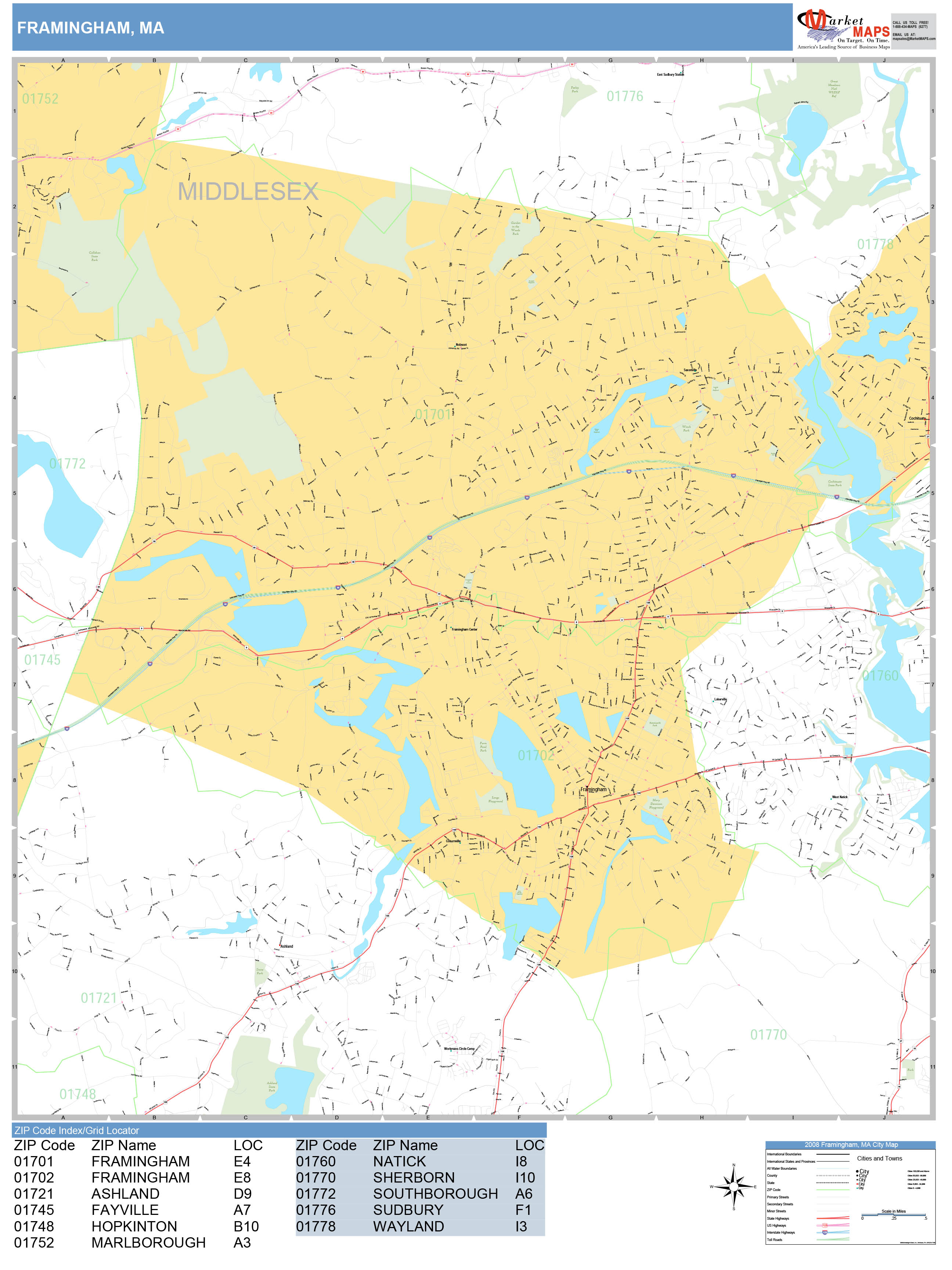 Framingham Massachusetts Wall Map (Basic Style) by MarketMAPS MapSales