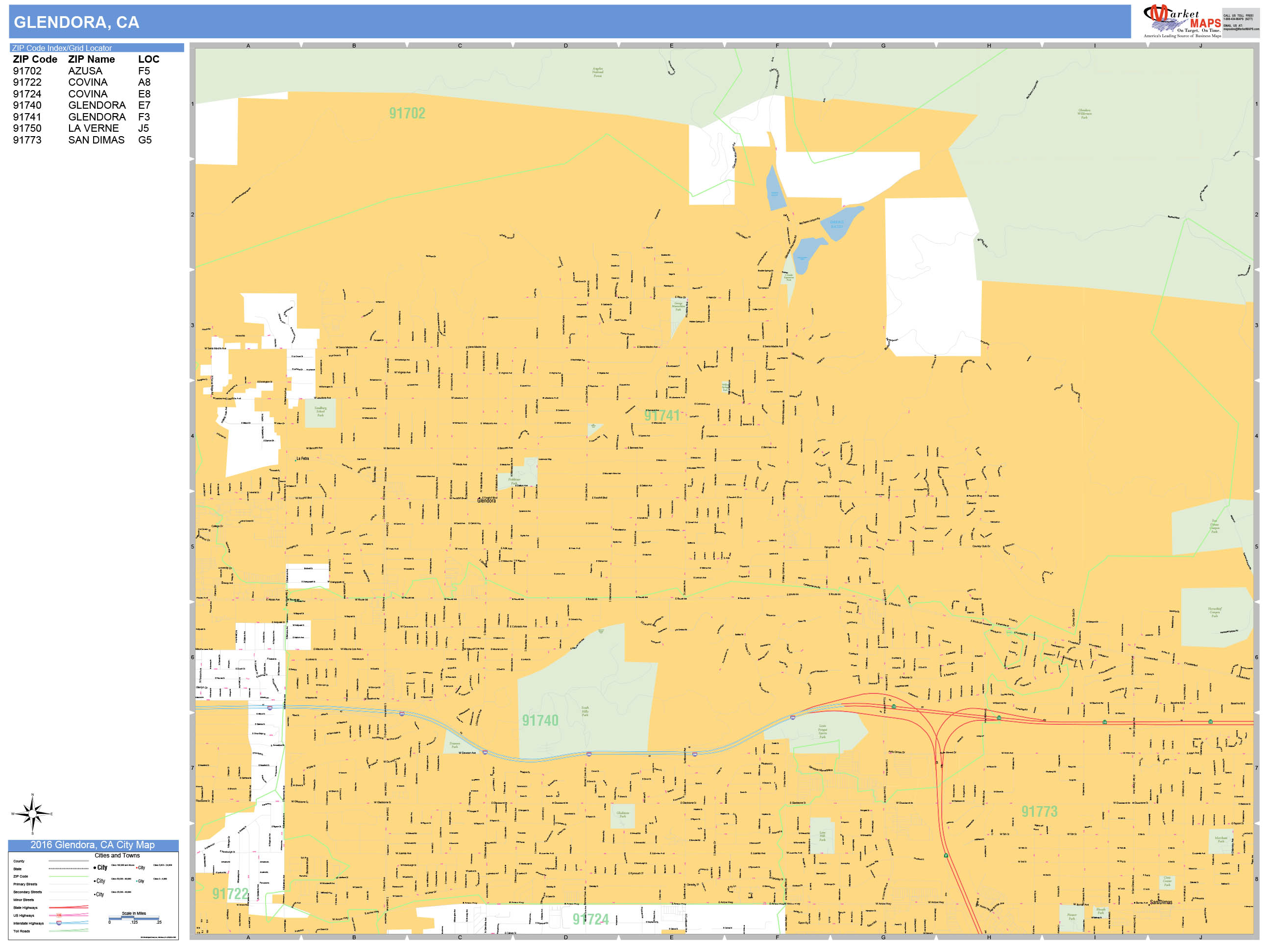 Glendora California Wall Map (Basic Style) by MarketMAPS