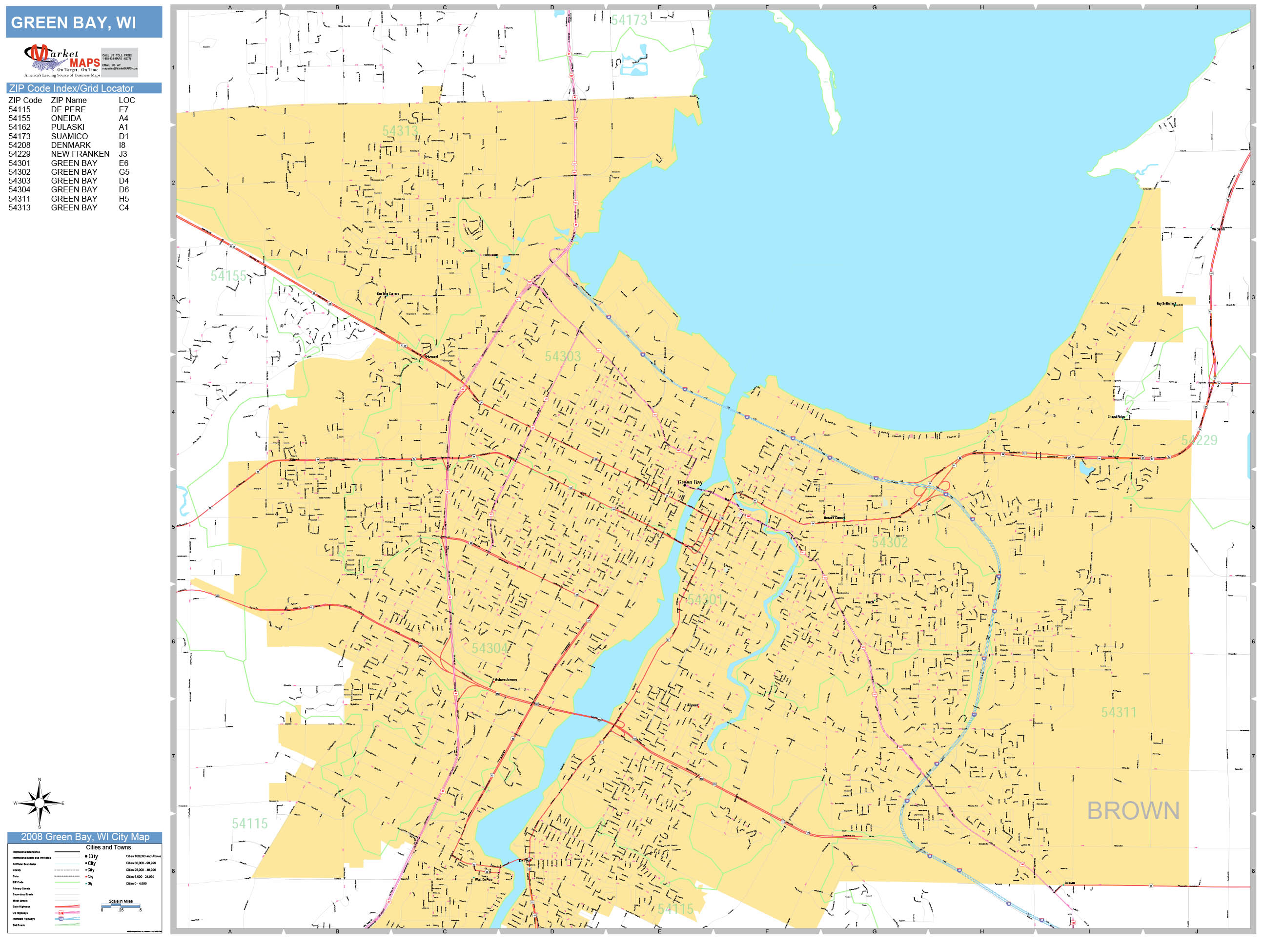 Green Bay Wisconsin Wall Map (Basic Style) by MarketMAPS