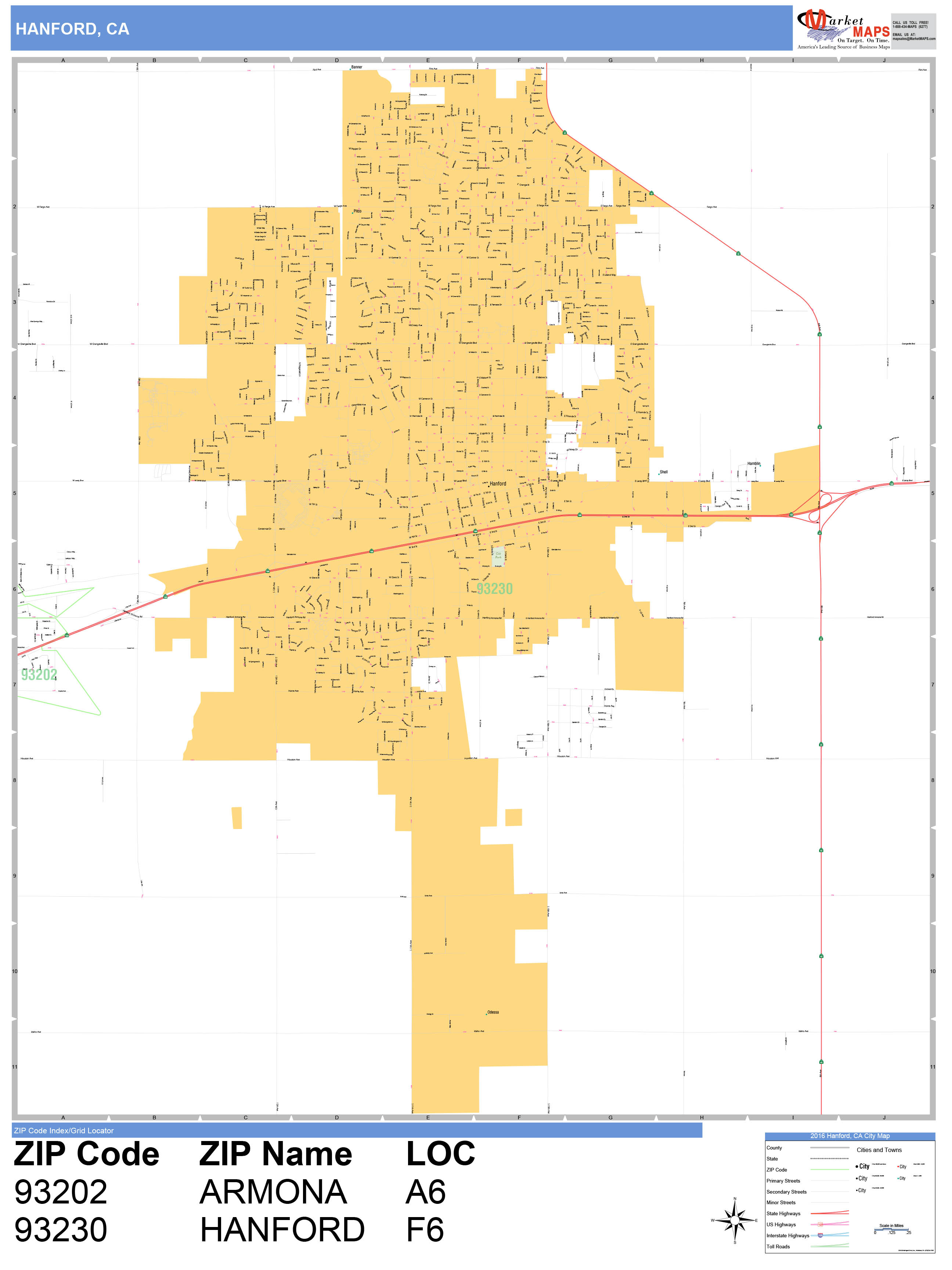 Hanford California Wall Map (Basic Style) by MarketMAPS MapSales
