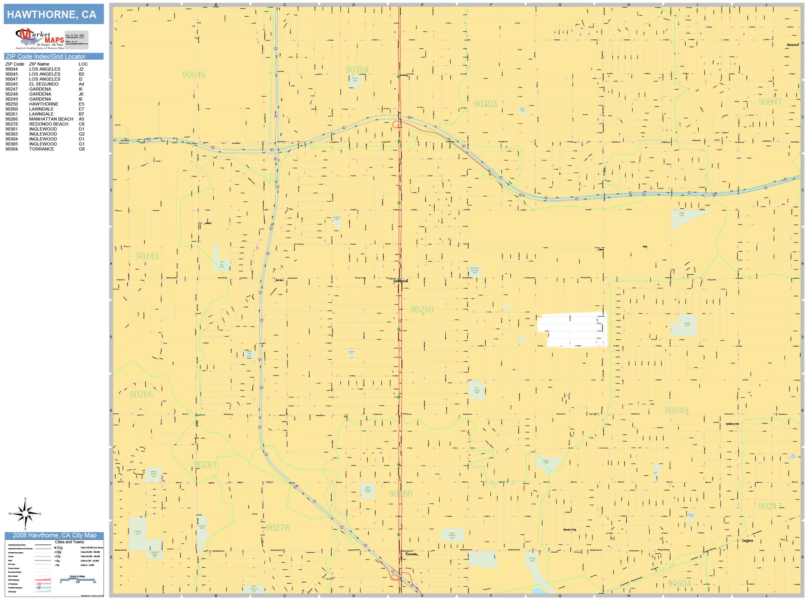 Hawthorne California Wall Map (Basic Style) by MarketMAPS