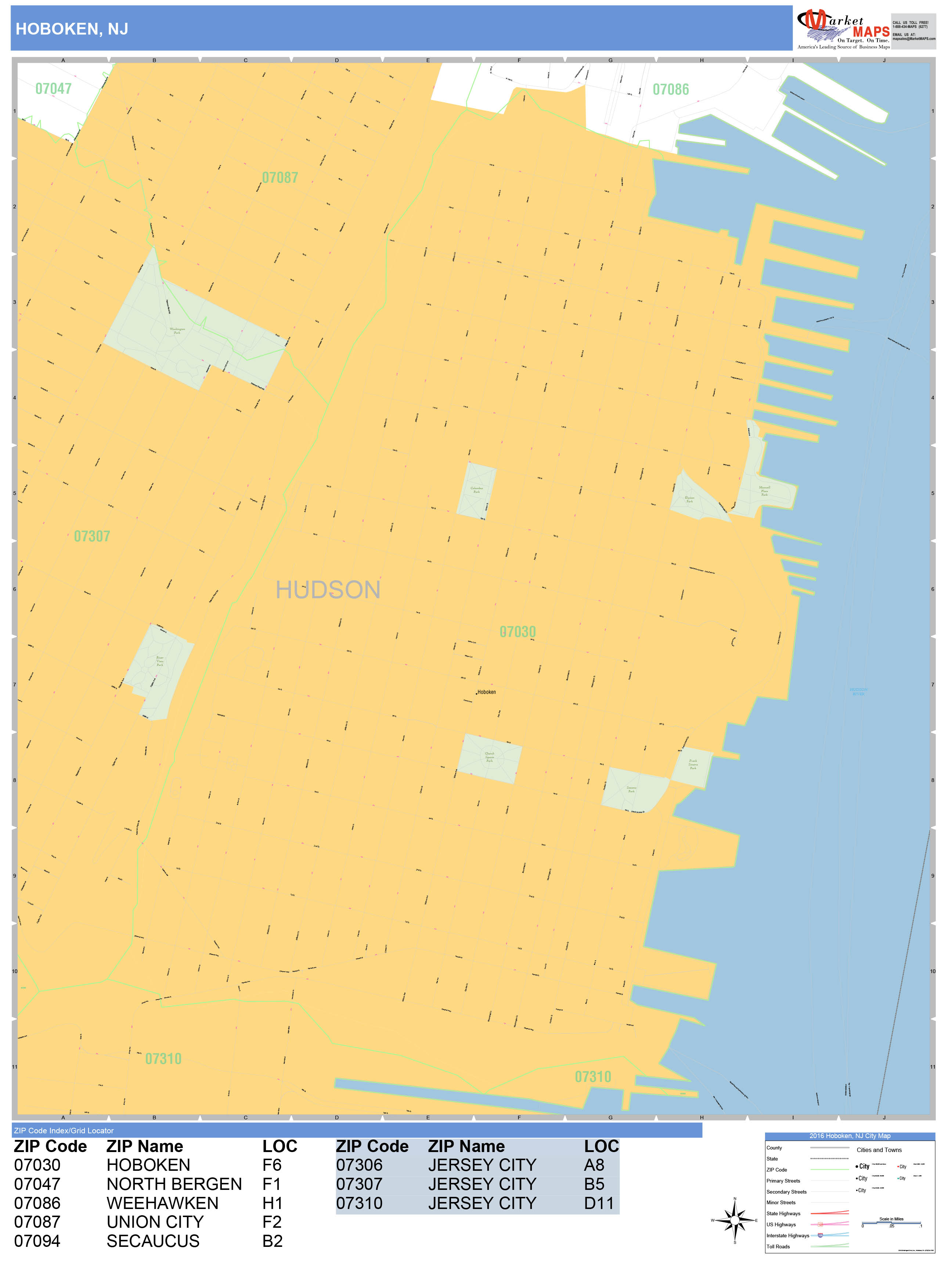 Hoboken New Jersey Wall Map (Basic Style) by MarketMAPS MapSales