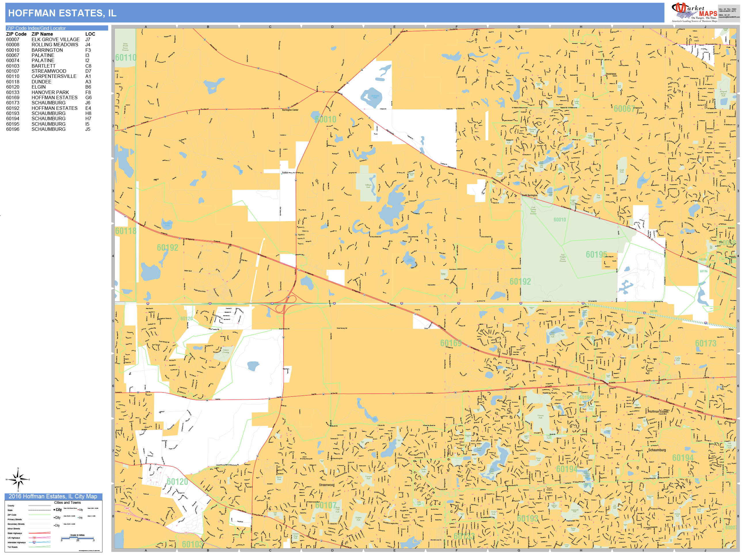 Hoffman Estates Illinois Wall Map (Basic Style) by MarketMAPS