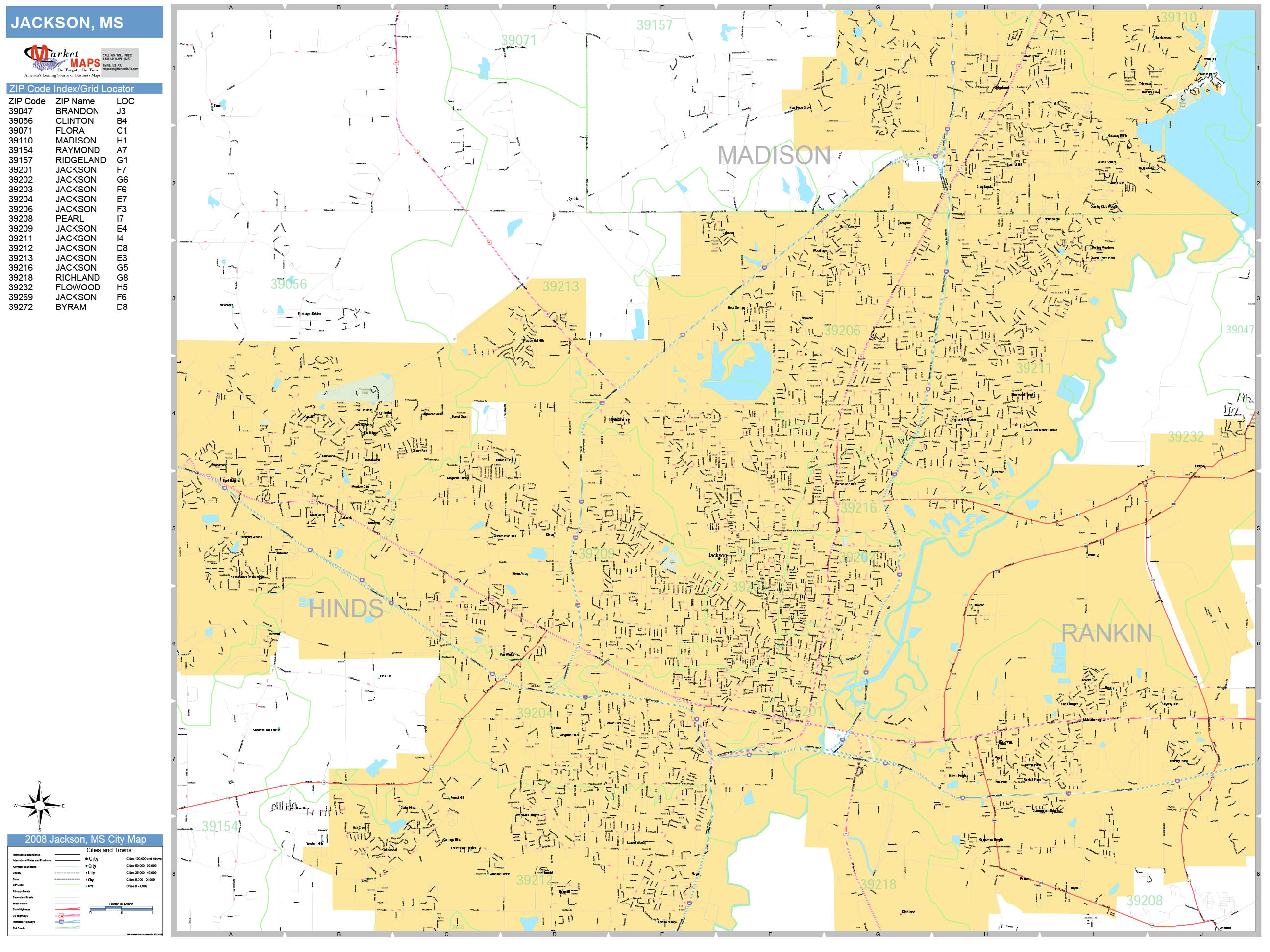 Jackson Mississippi Zip Code Wall Map Basic Style By Marketmaps