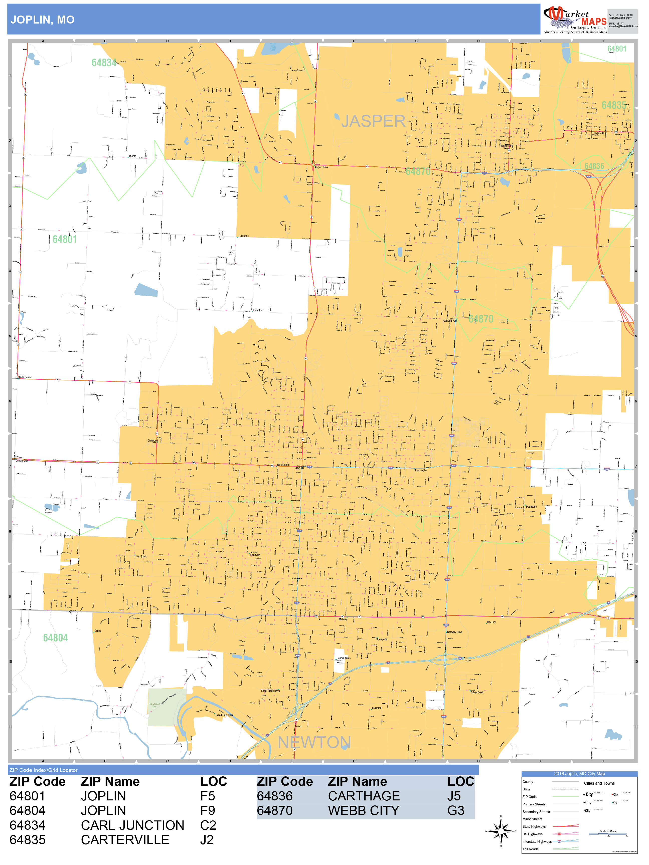 Joplin Missouri Wall Map (Basic Style) by MarketMAPS MapSales