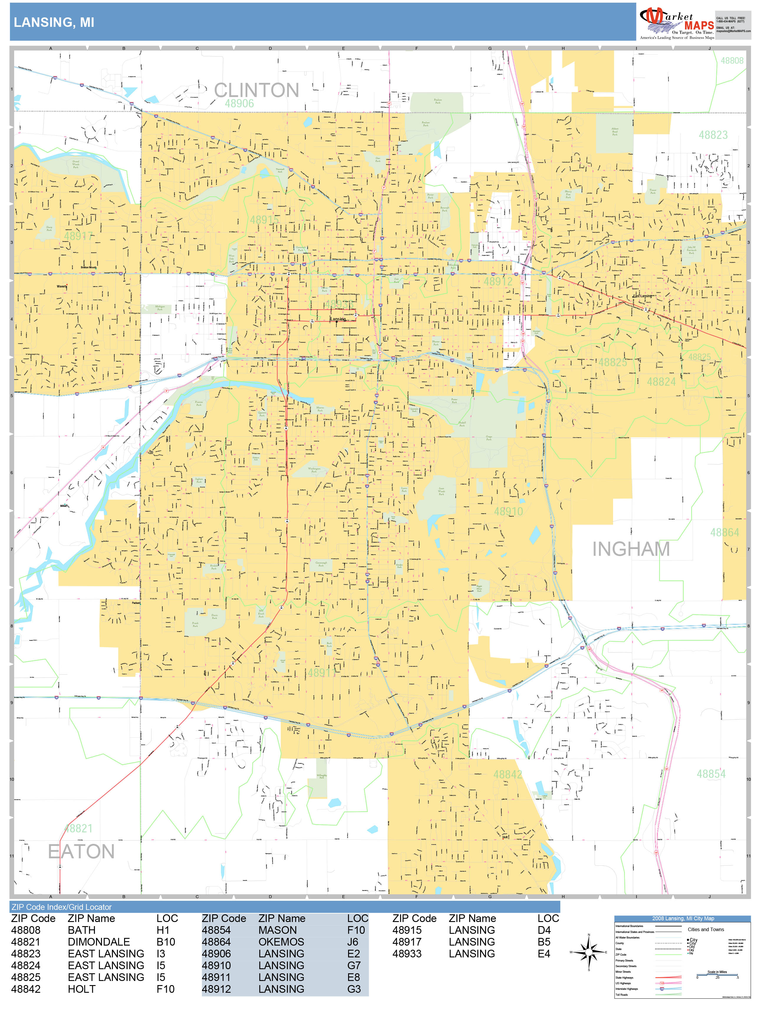 Lansing Michigan Wall Map Basic Style By MarketMAPS MapSales
