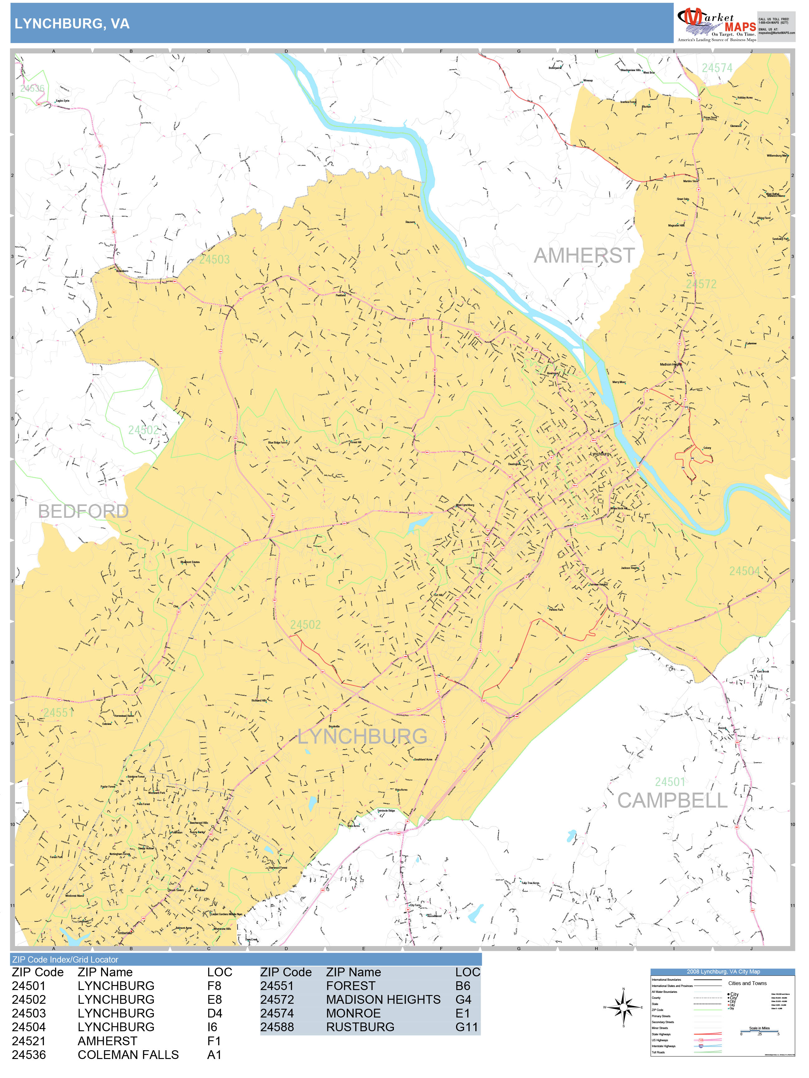 Lynchburg Virginia Wall Map (Basic Style) by MarketMAPS MapSales