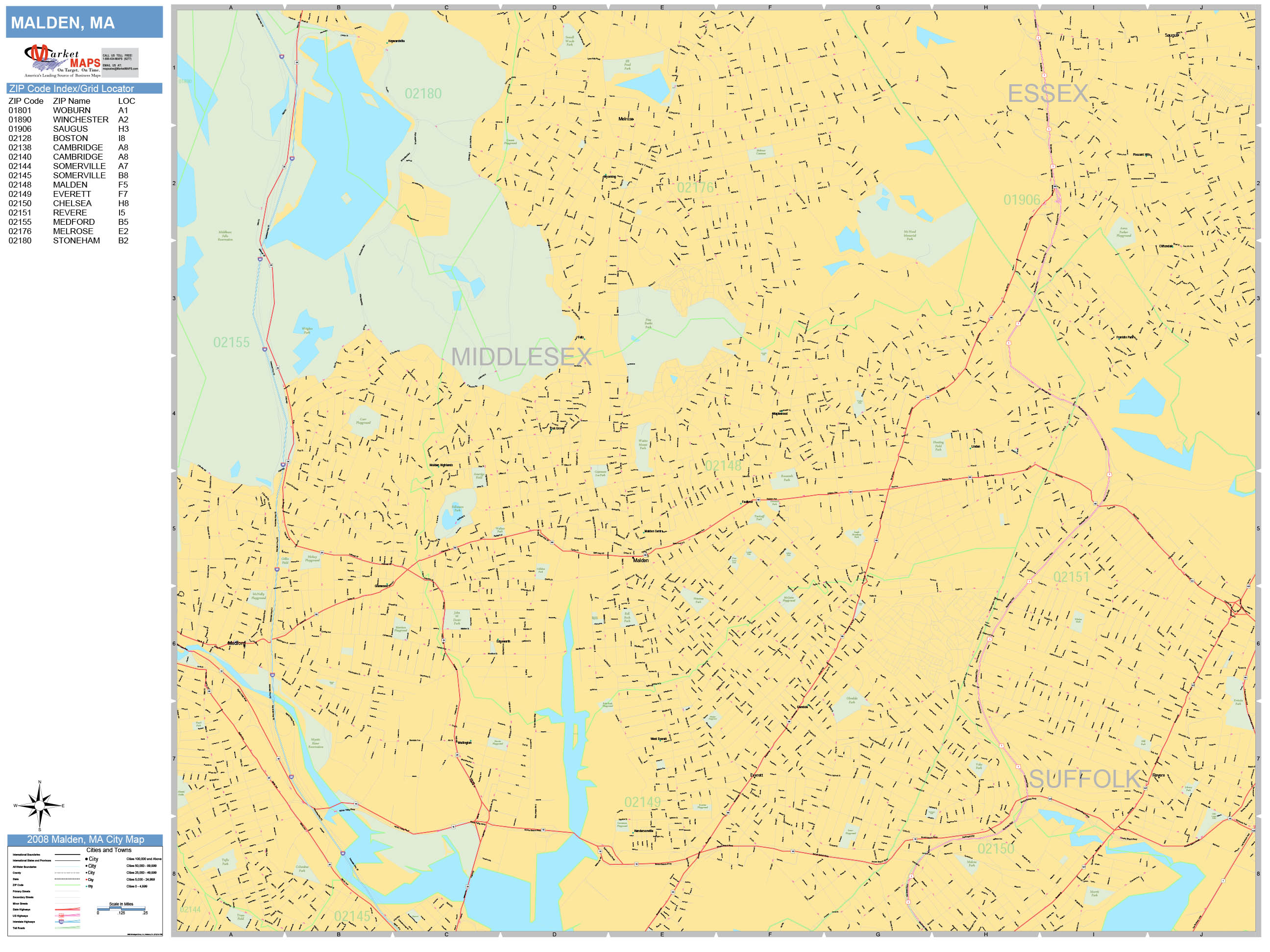 Malden Massachusetts Wall Map (Basic Style) by MarketMAPS