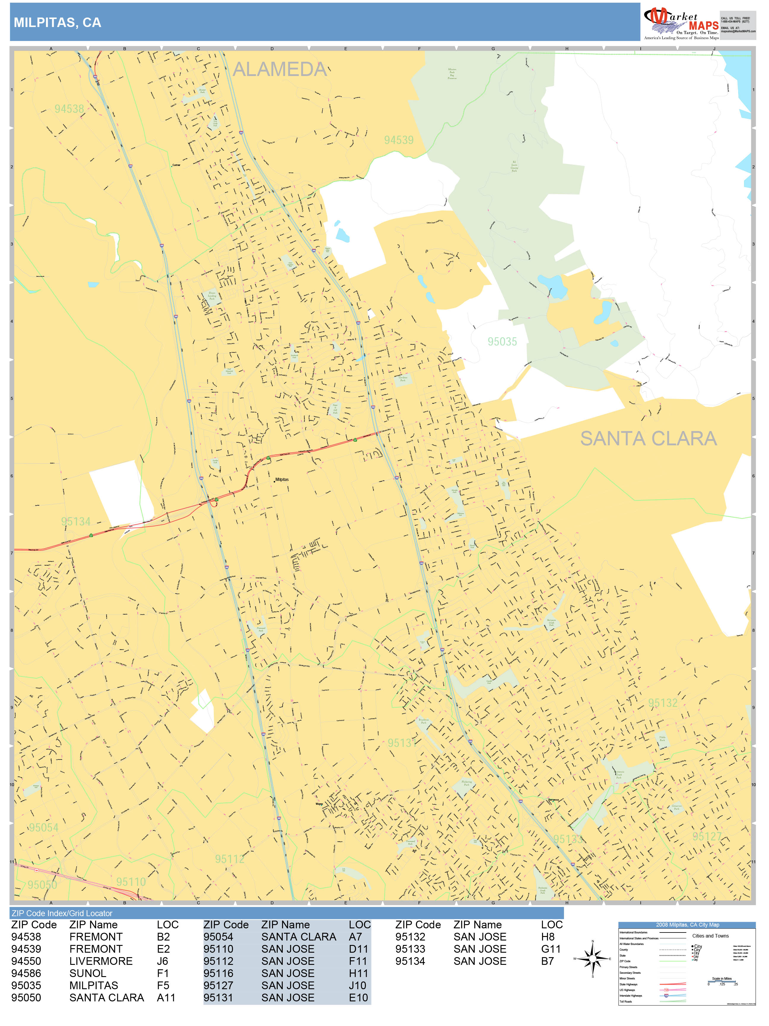 Milpitas California Wall Map (Basic Style) by MarketMAPS