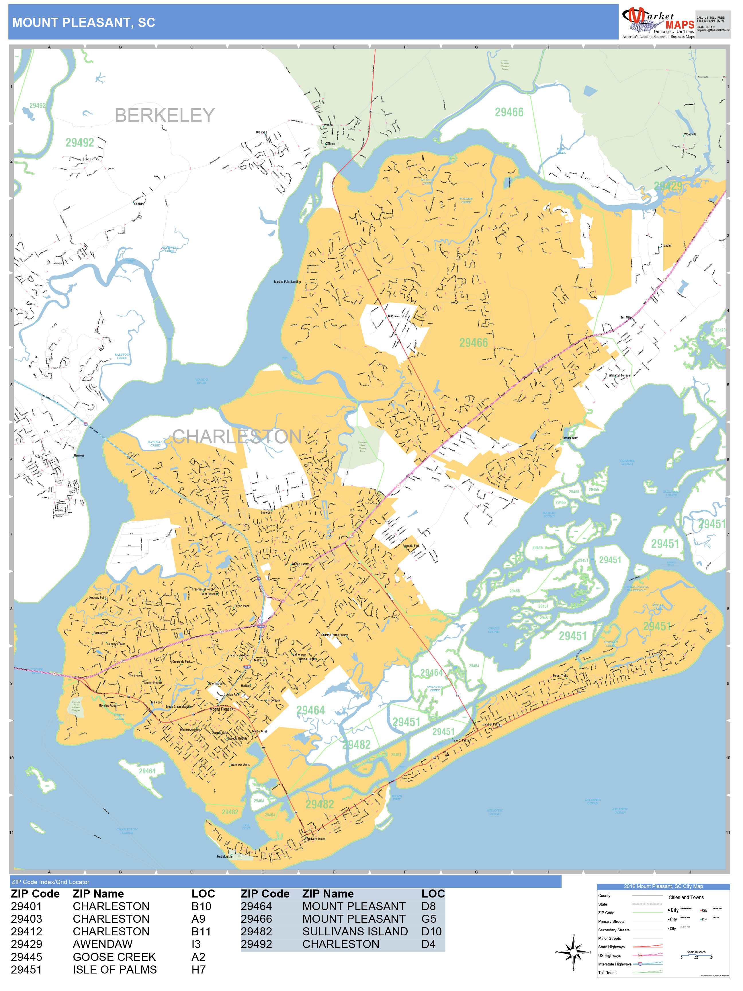 Mount Pleasant South Carolina Wall Map (Basic Style) by MarketMAPS
