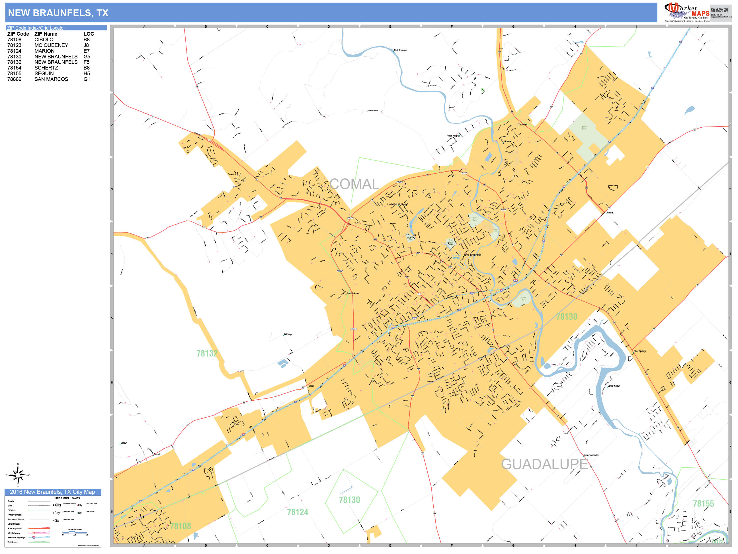 New Braunfels Texas Wall Map (Basic Style) by MarketMAPS