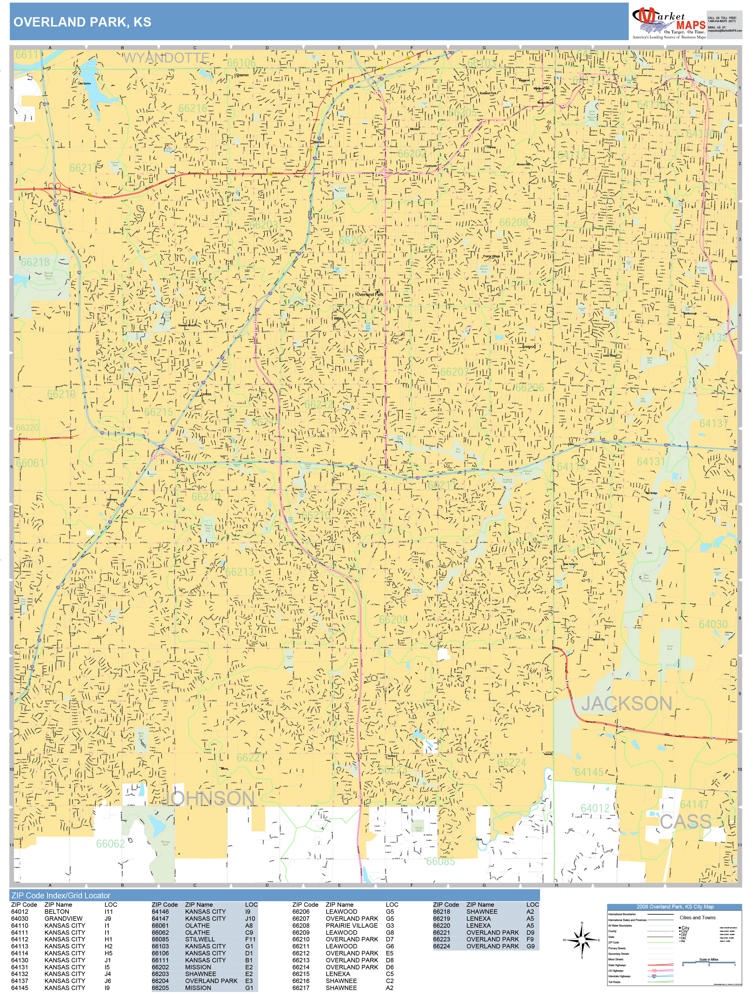 Overland Park Kansas Wall Map (Basic Style) by MarketMAPS