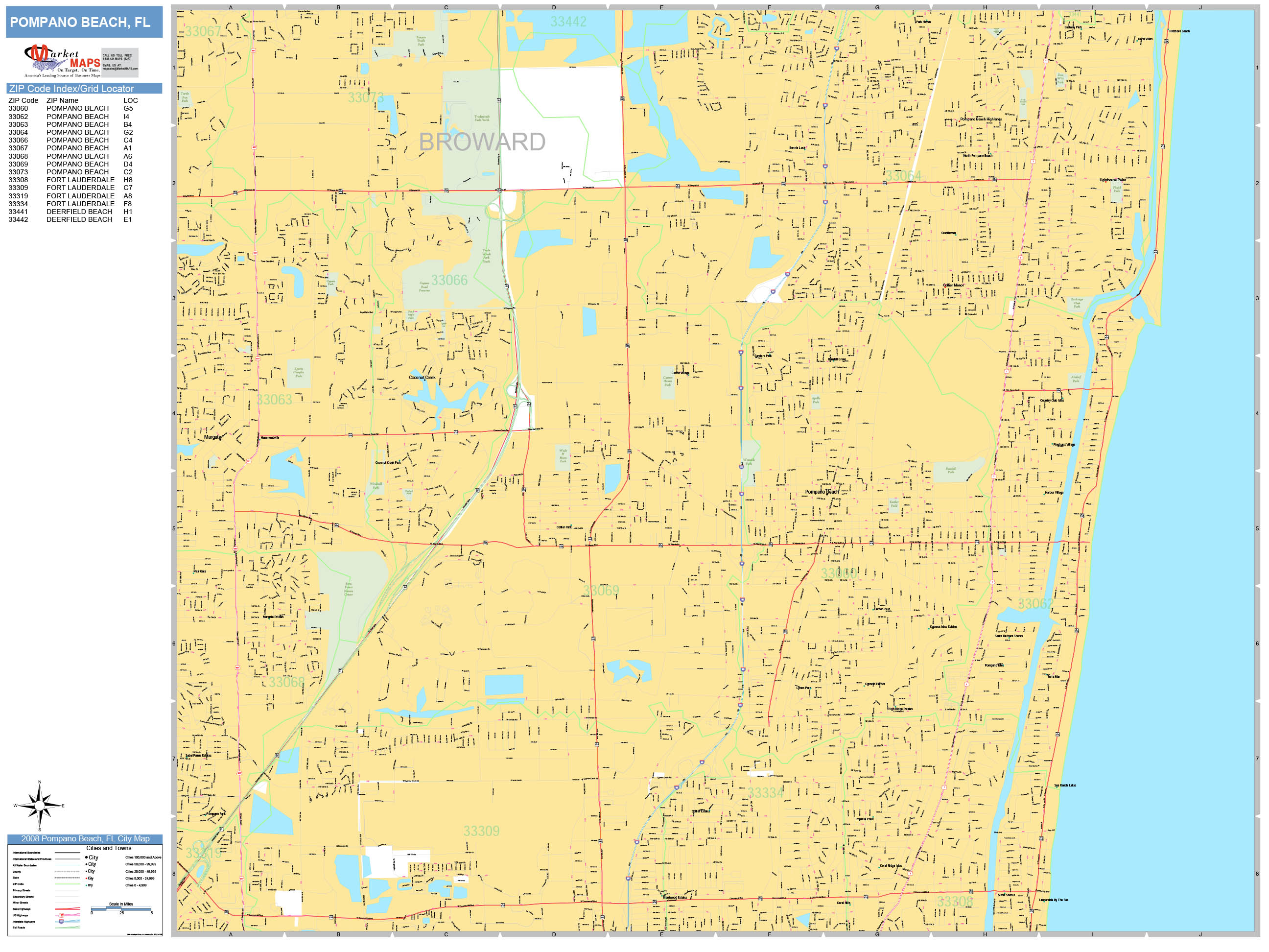 Pompano Beach Florida Wall Map - PompanoBeach FL