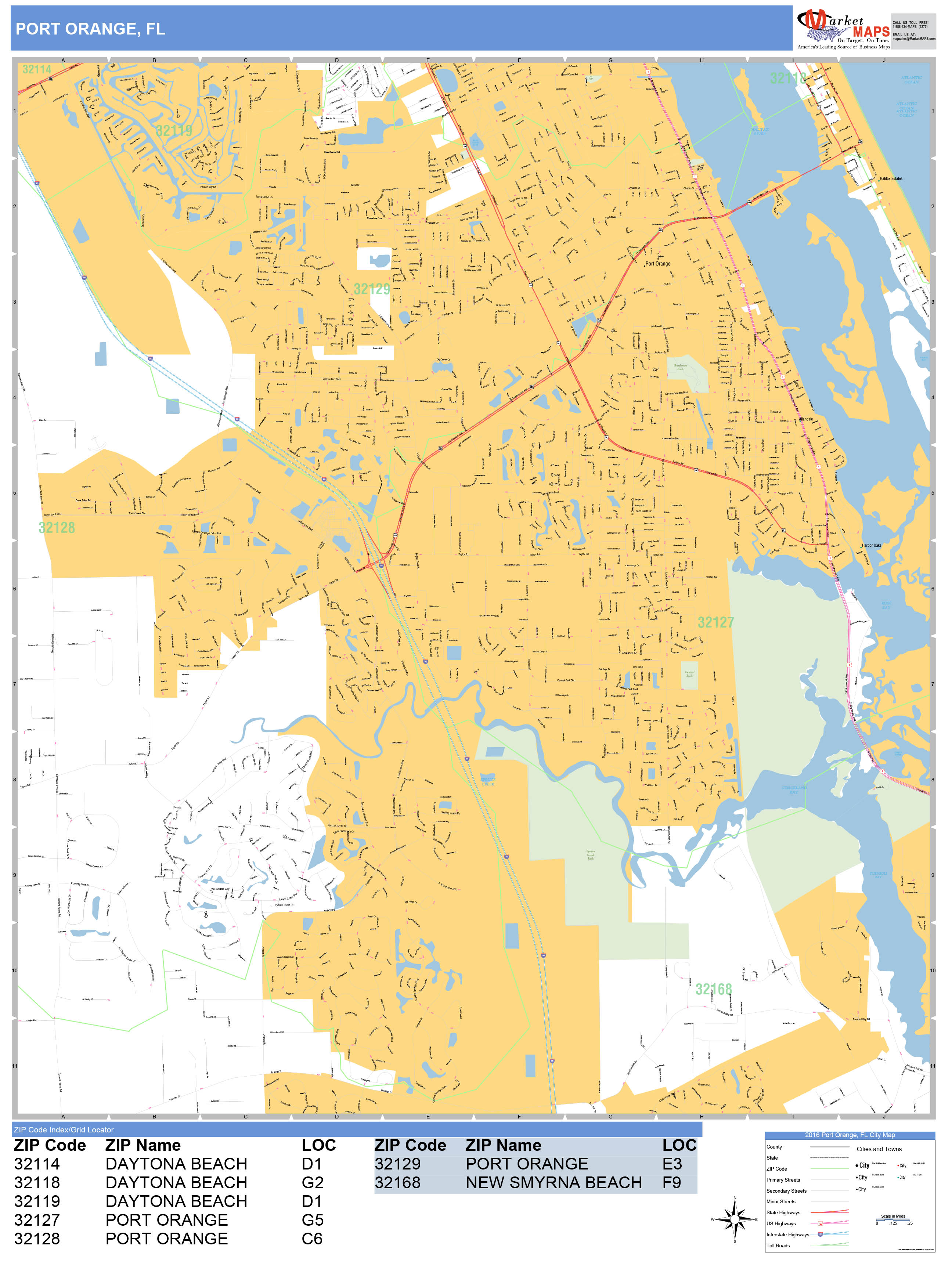 Port Orange Florida Wall Map (Basic Style) by MarketMAPS