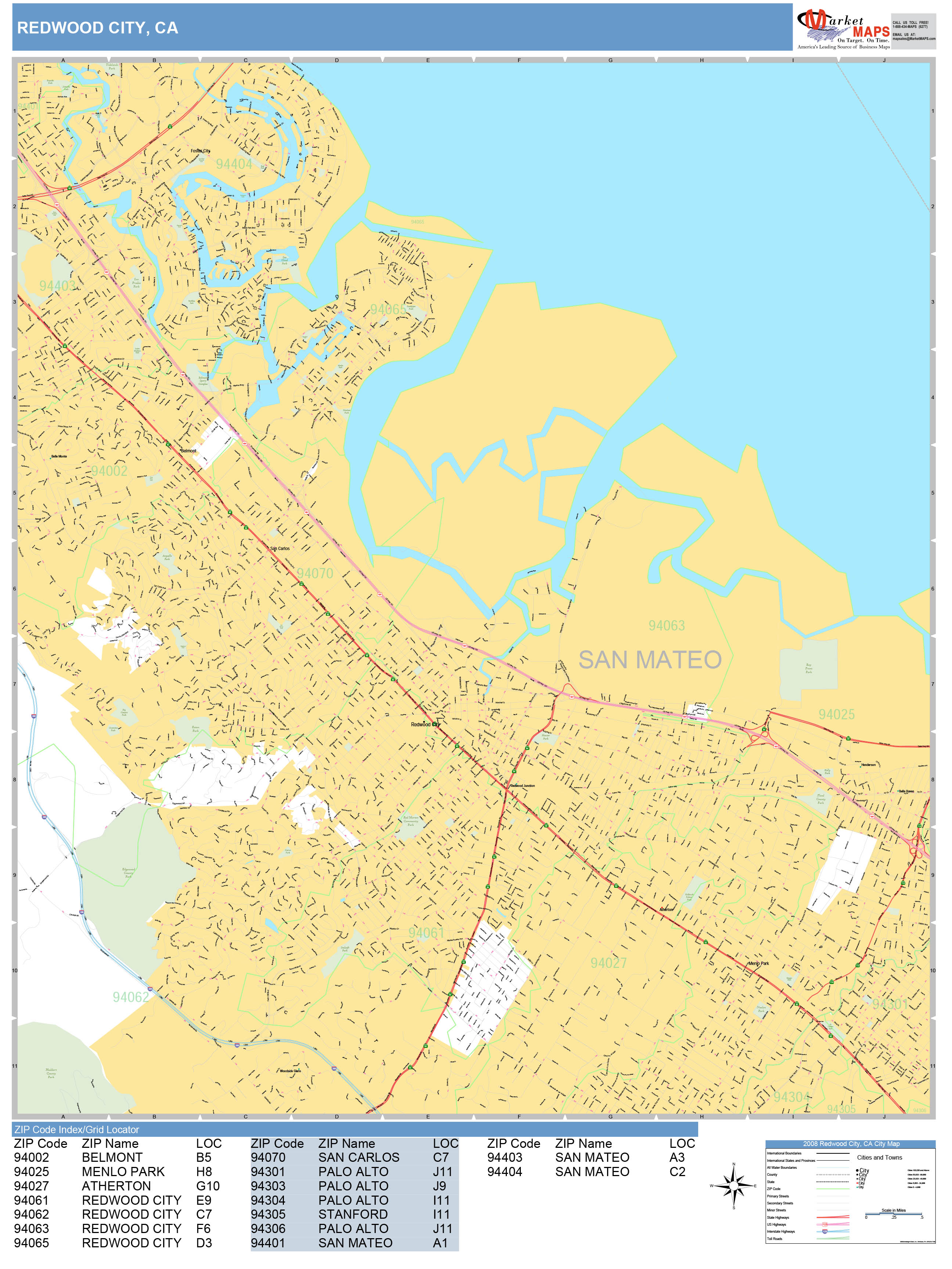 Redwood City California Wall Map (Basic Style) by MarketMAPS