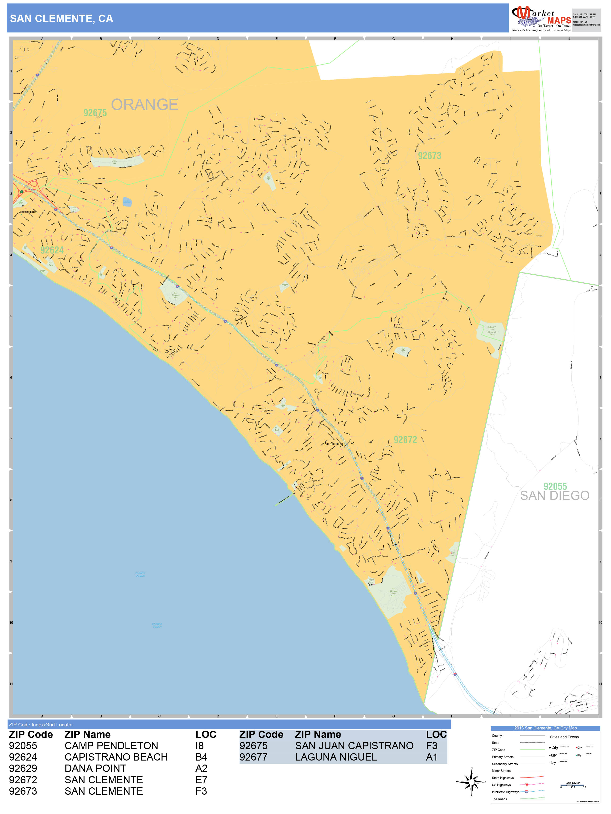 San Clemente California Wall Map (Basic Style) by MarketMAPS