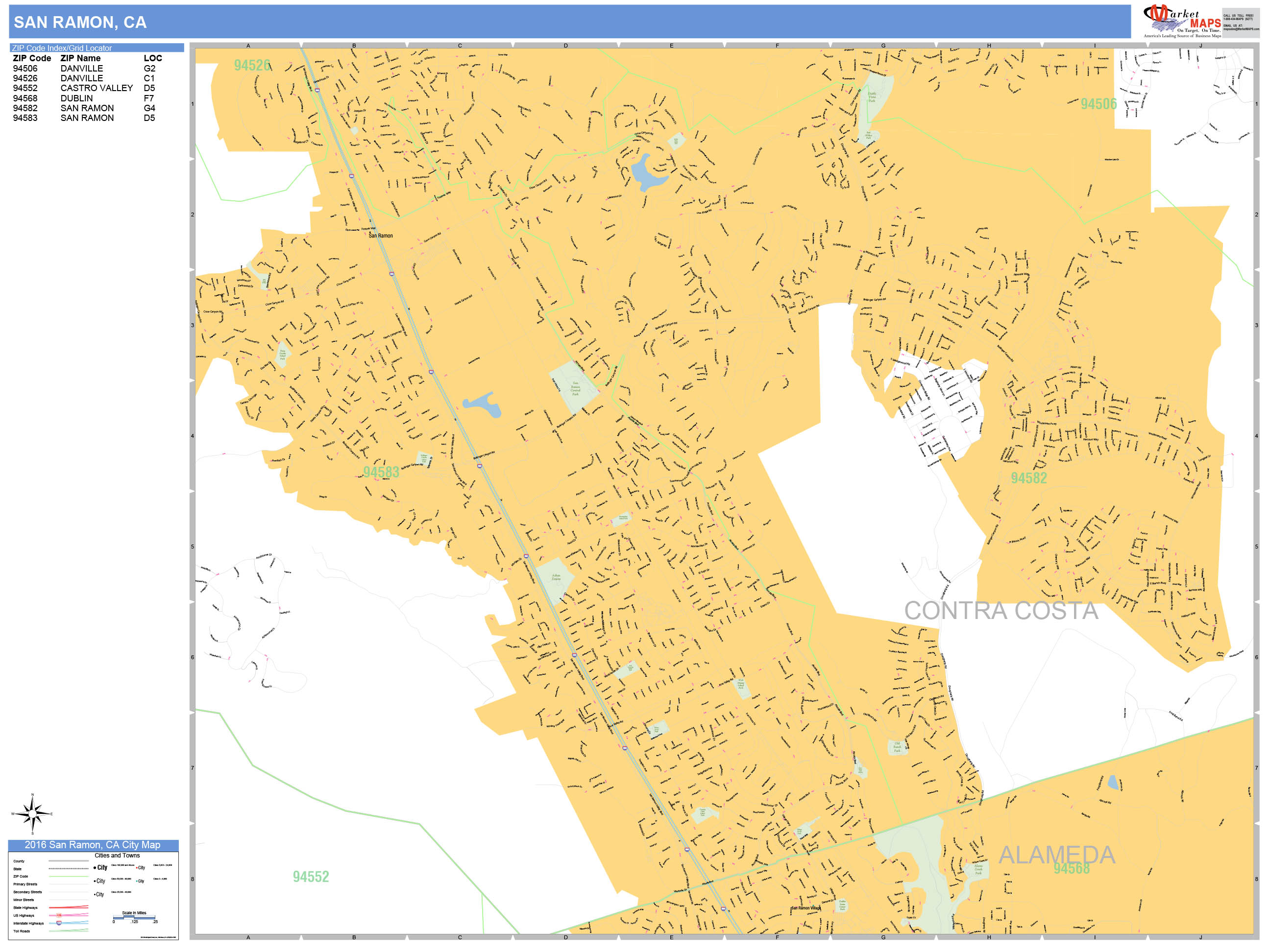 San Ramon California Wall Map (Basic Style) by MarketMAPS