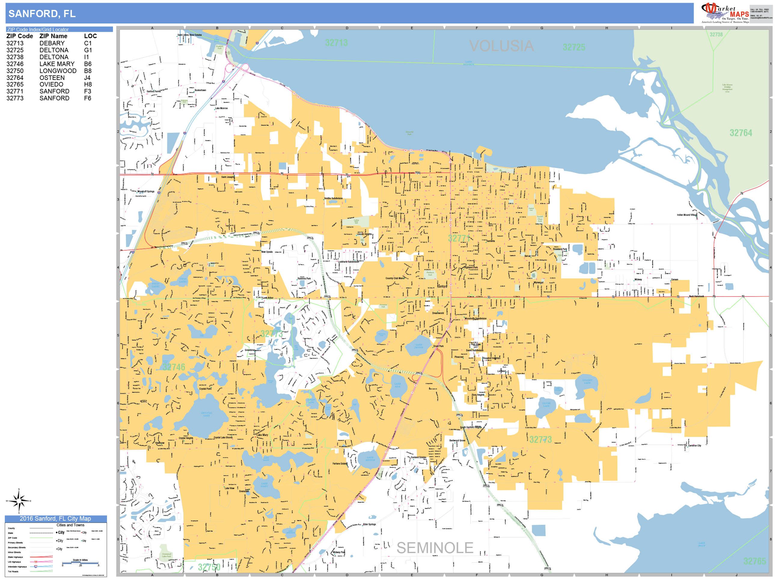Sanford Florida Wall Map (Basic Style) by MarketMAPS MapSales