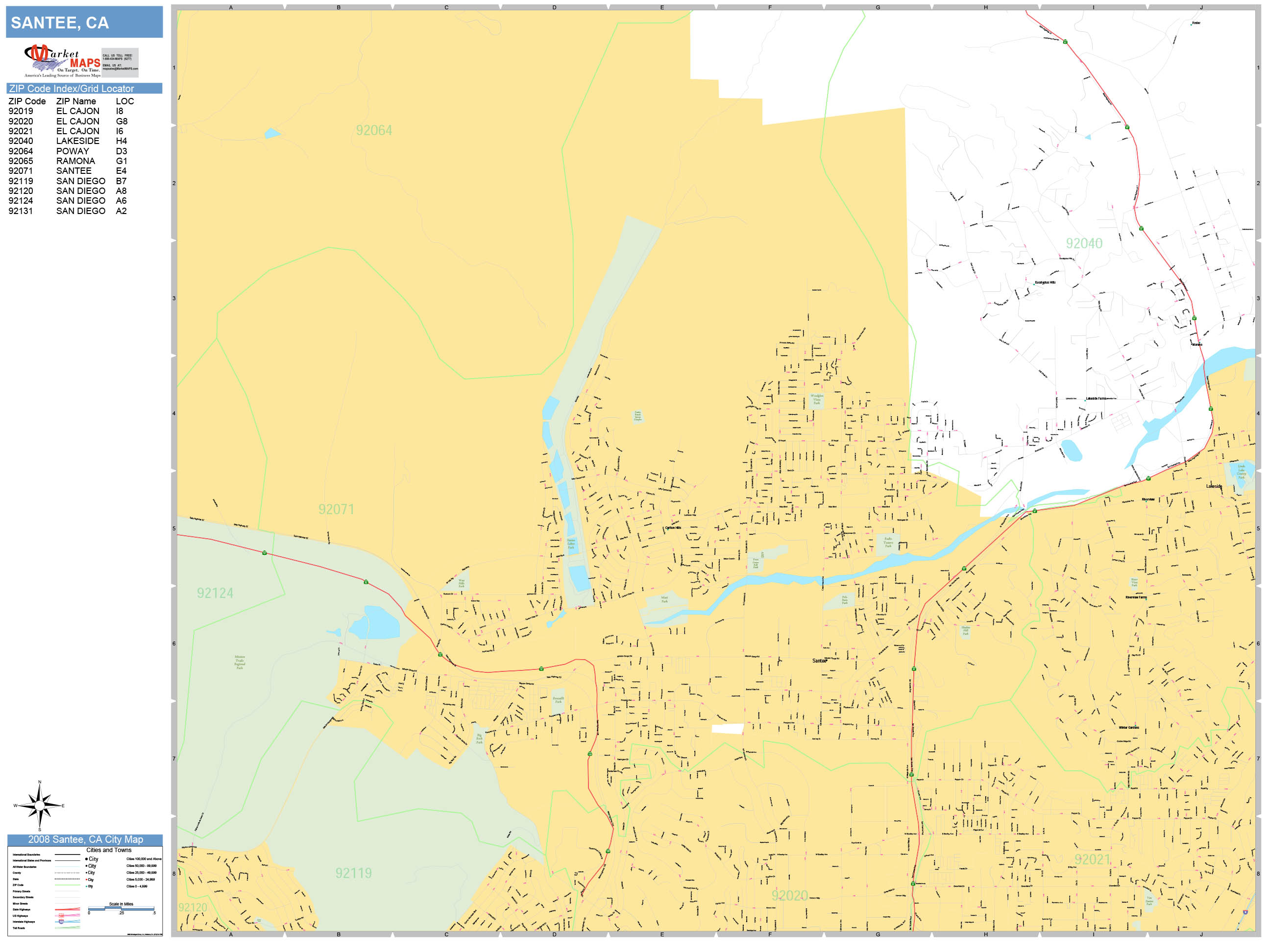 Santee California Wall Map (Basic Style) by MarketMAPS MapSales