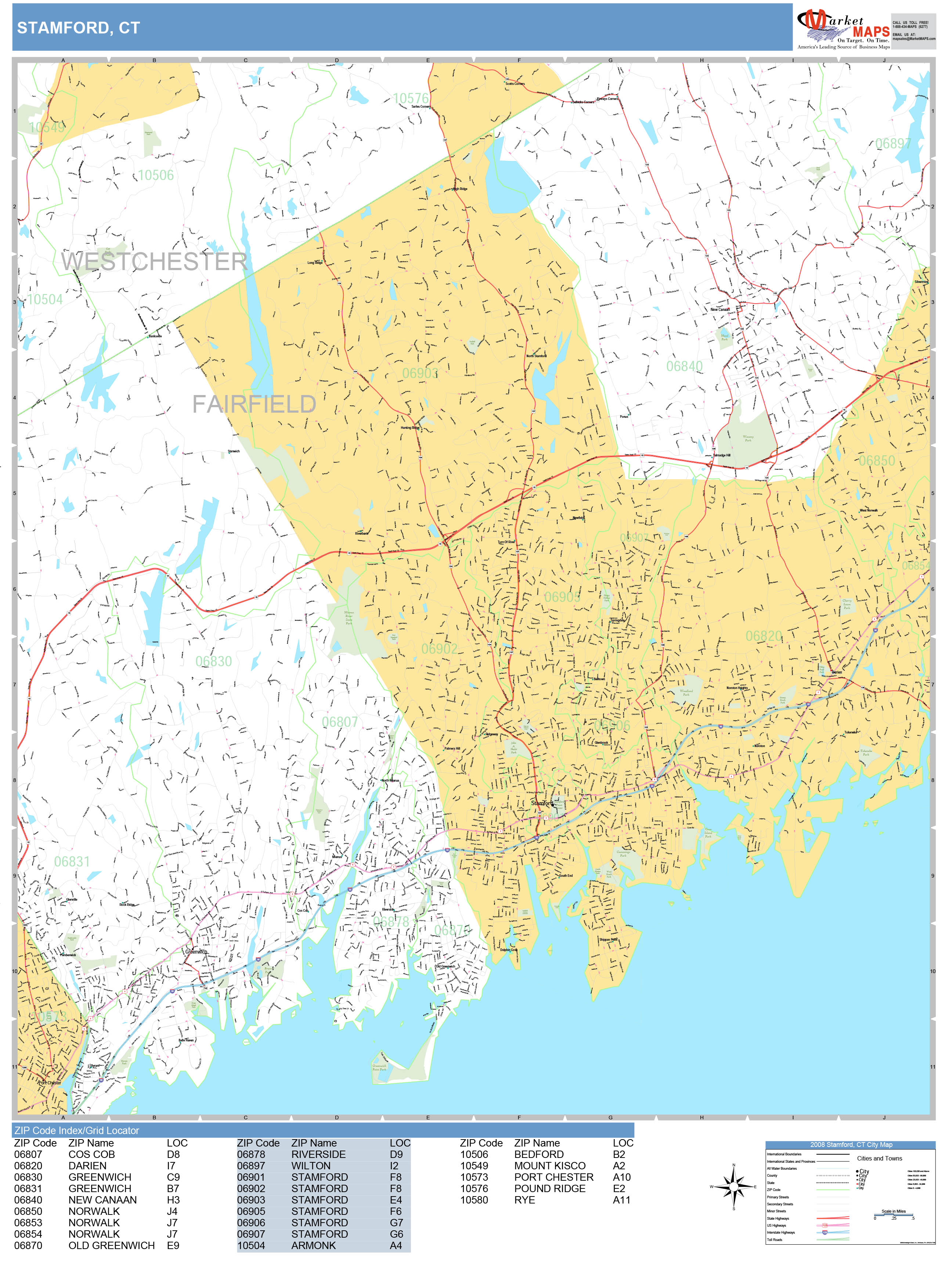 Stamford Connecticut Wall Map (Basic Style) by MarketMAPS