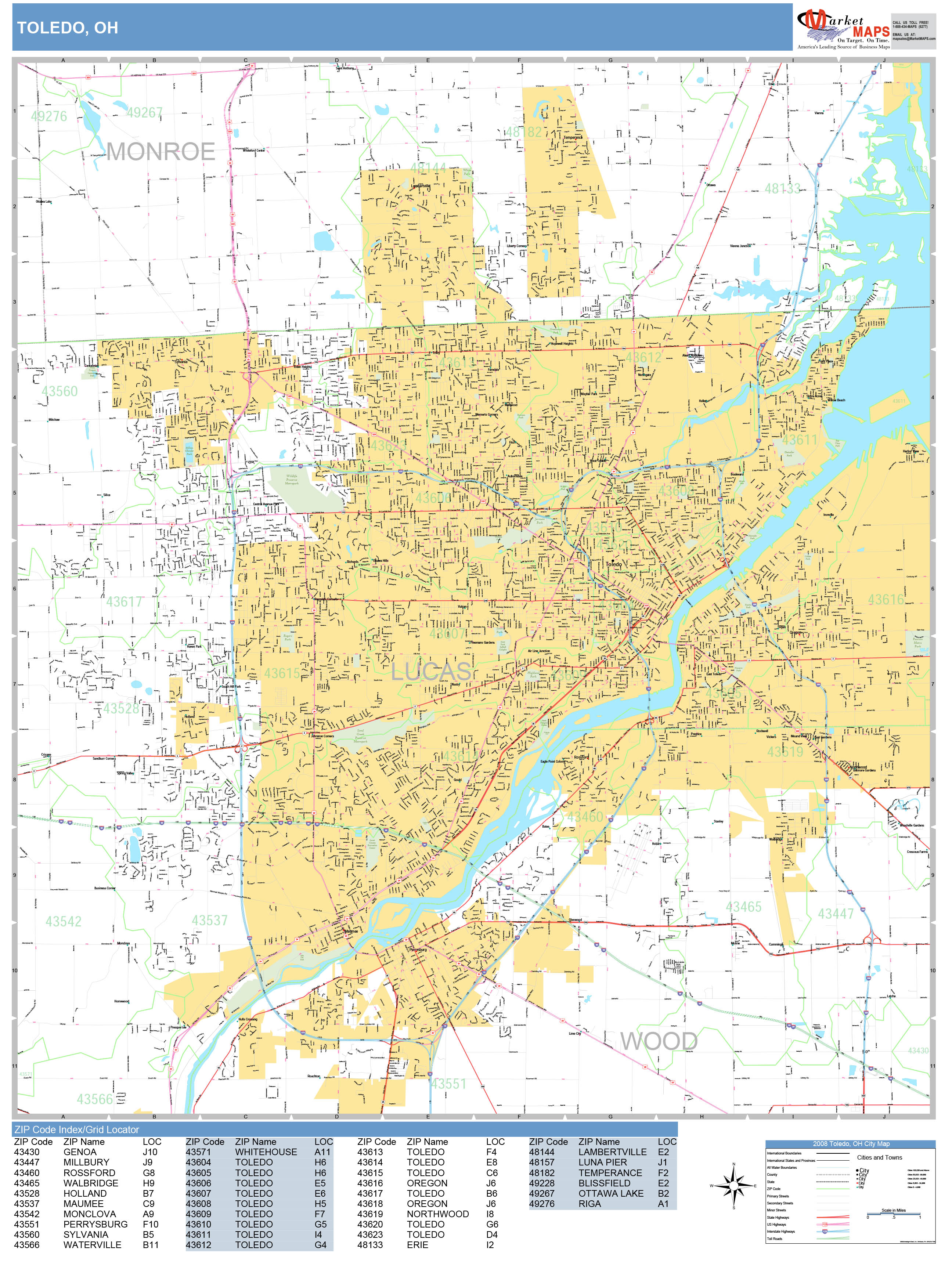 Toledo Ohio Wall Map (Basic Style) by MarketMAPS MapSales