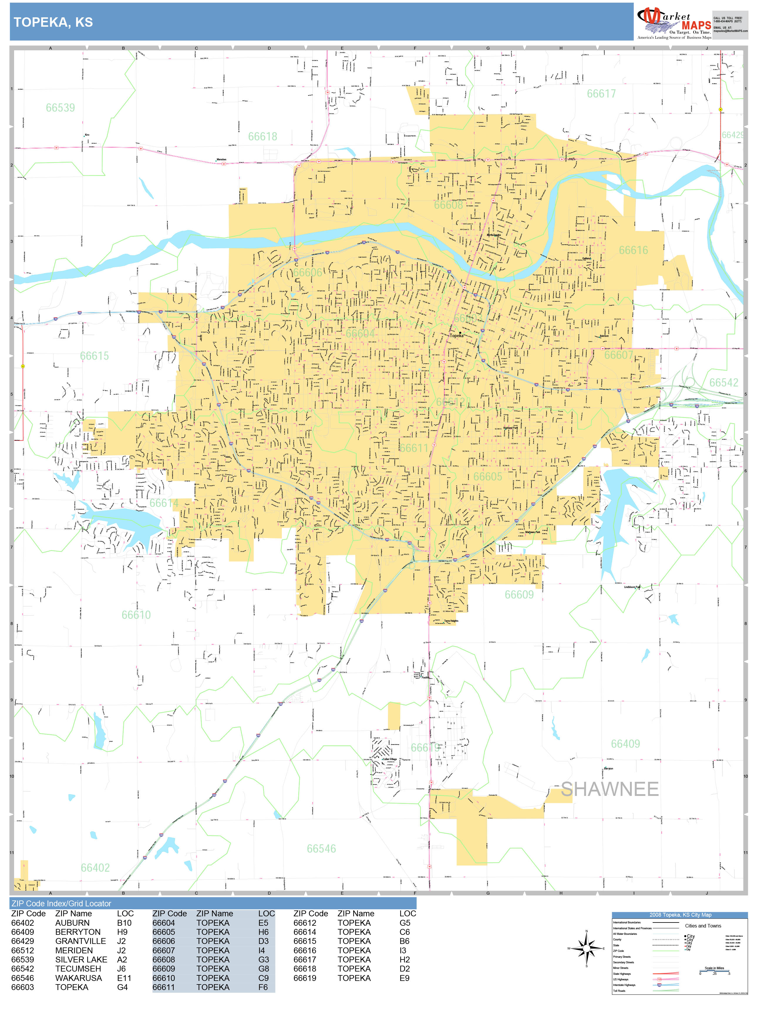 Topeka Kansas Wall Map (Basic Style) by MarketMAPS MapSales