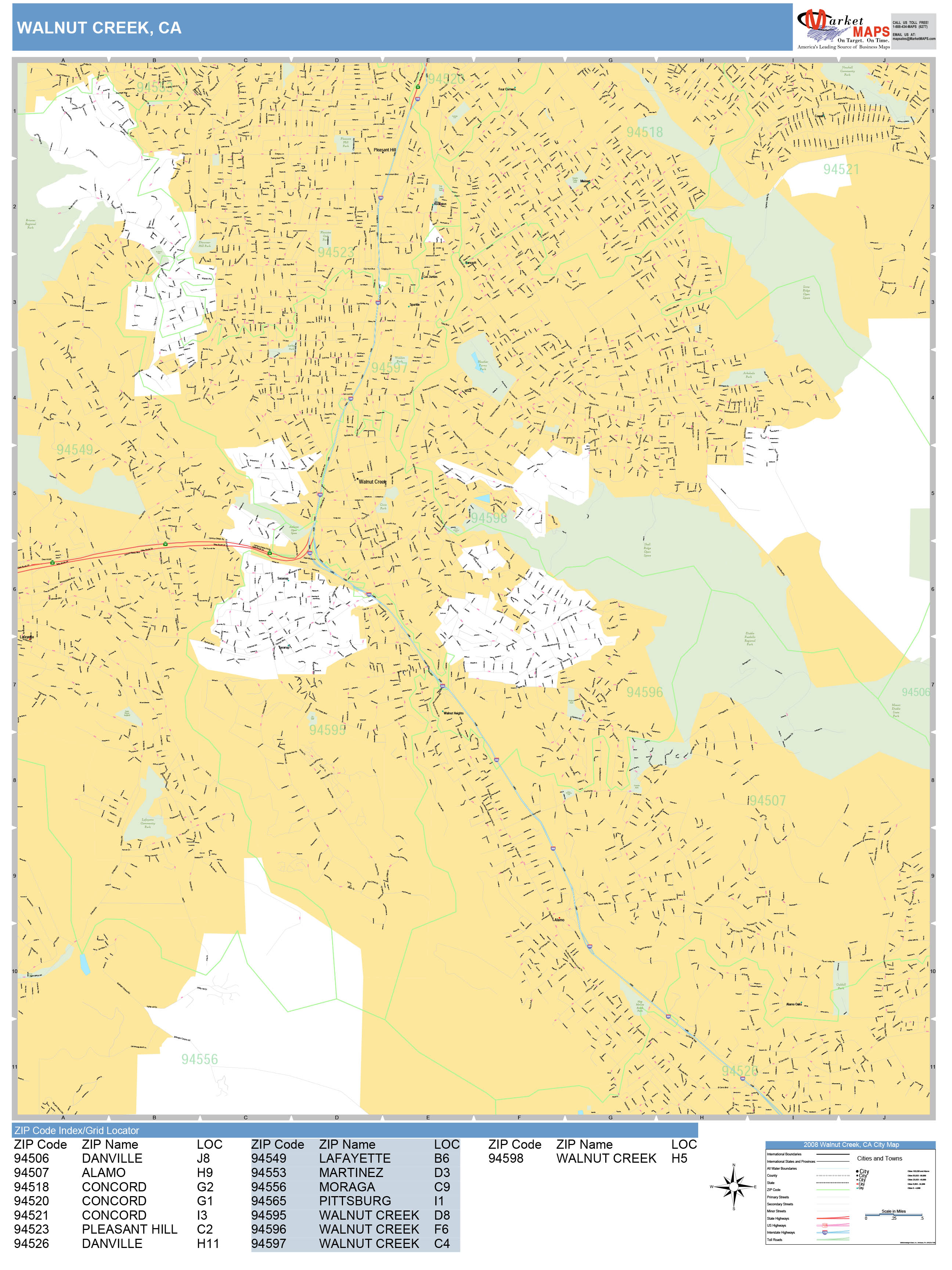 Walnut Creek California Wall Map (Basic Style) by MarketMAPS