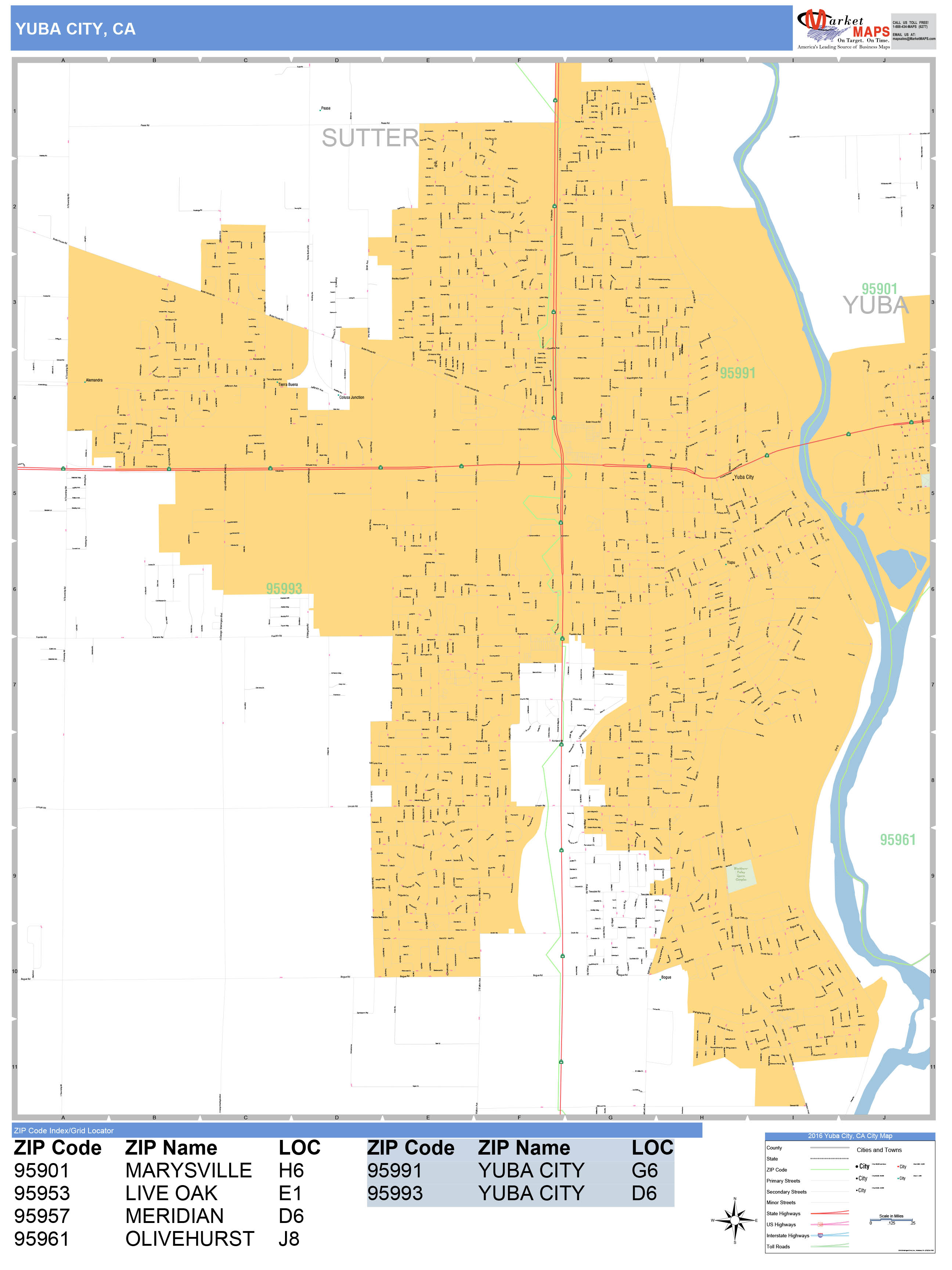 Yuba City California Wall Map (Basic Style) by MarketMAPS - MapSales.com