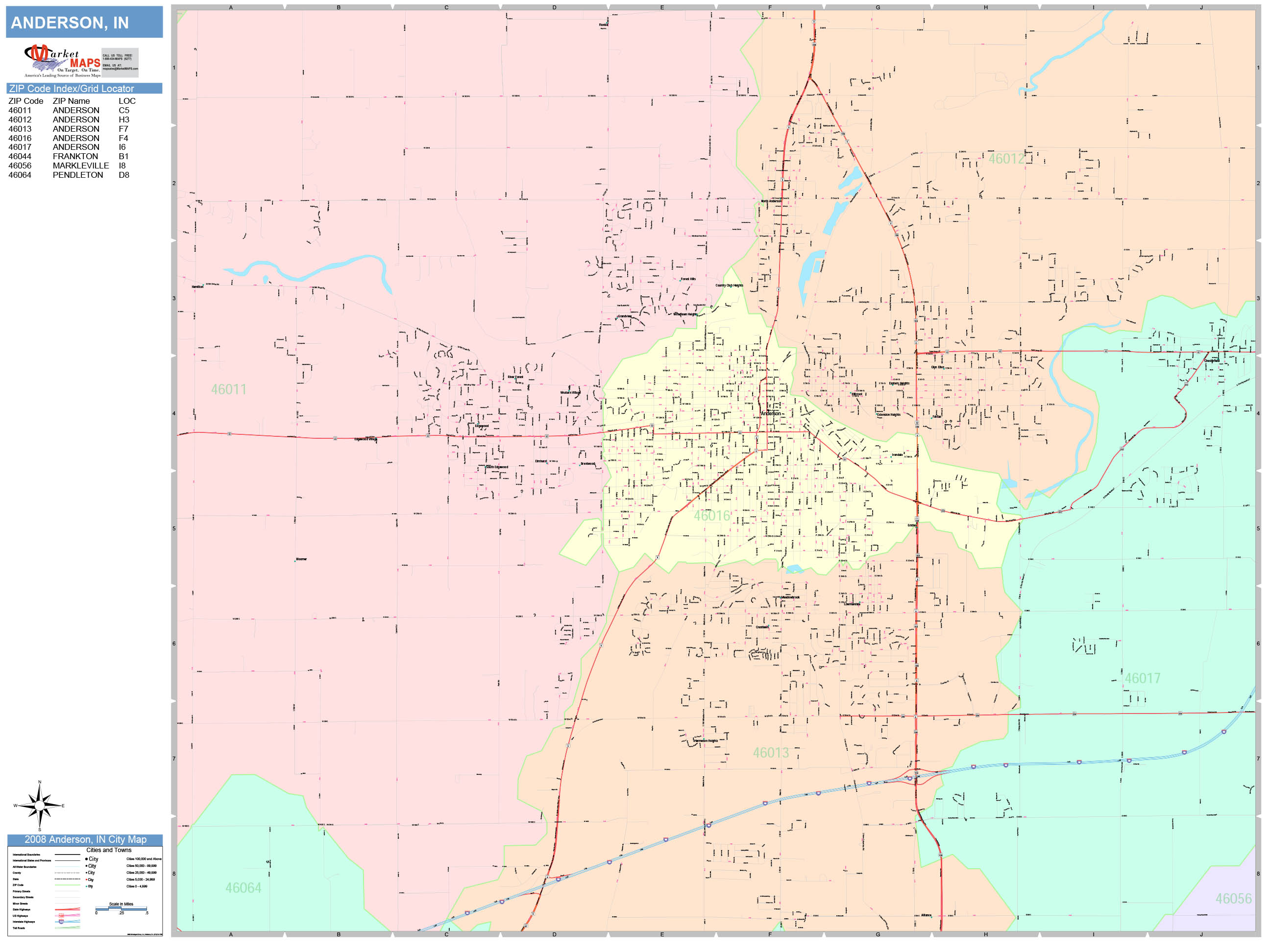 Anderson Indiana Wall Map (Color Cast Style) by MarketMAPS - MapSales