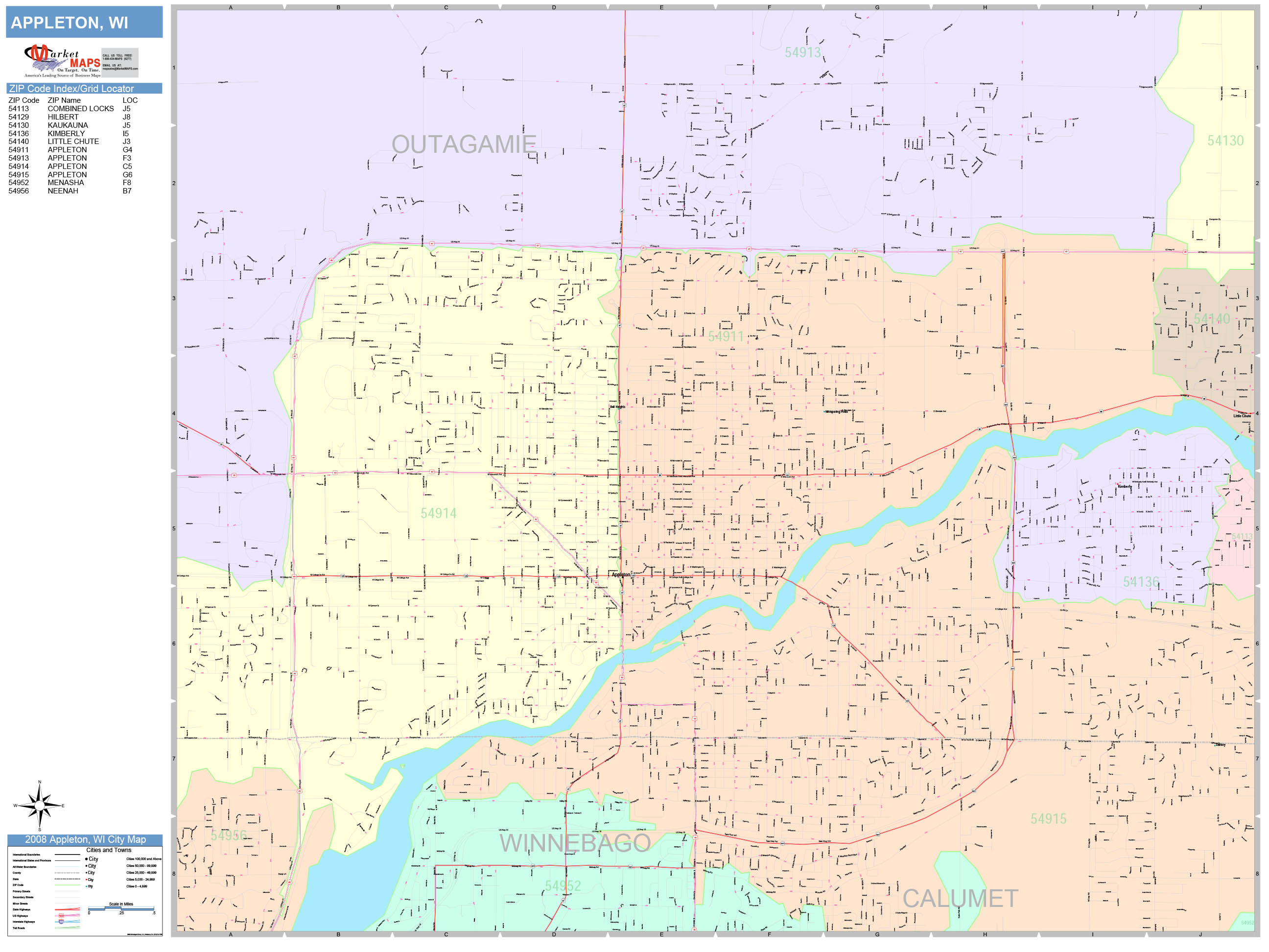 Appleton Wisconsin Wall Map (Color Cast Style) by MarketMAPS