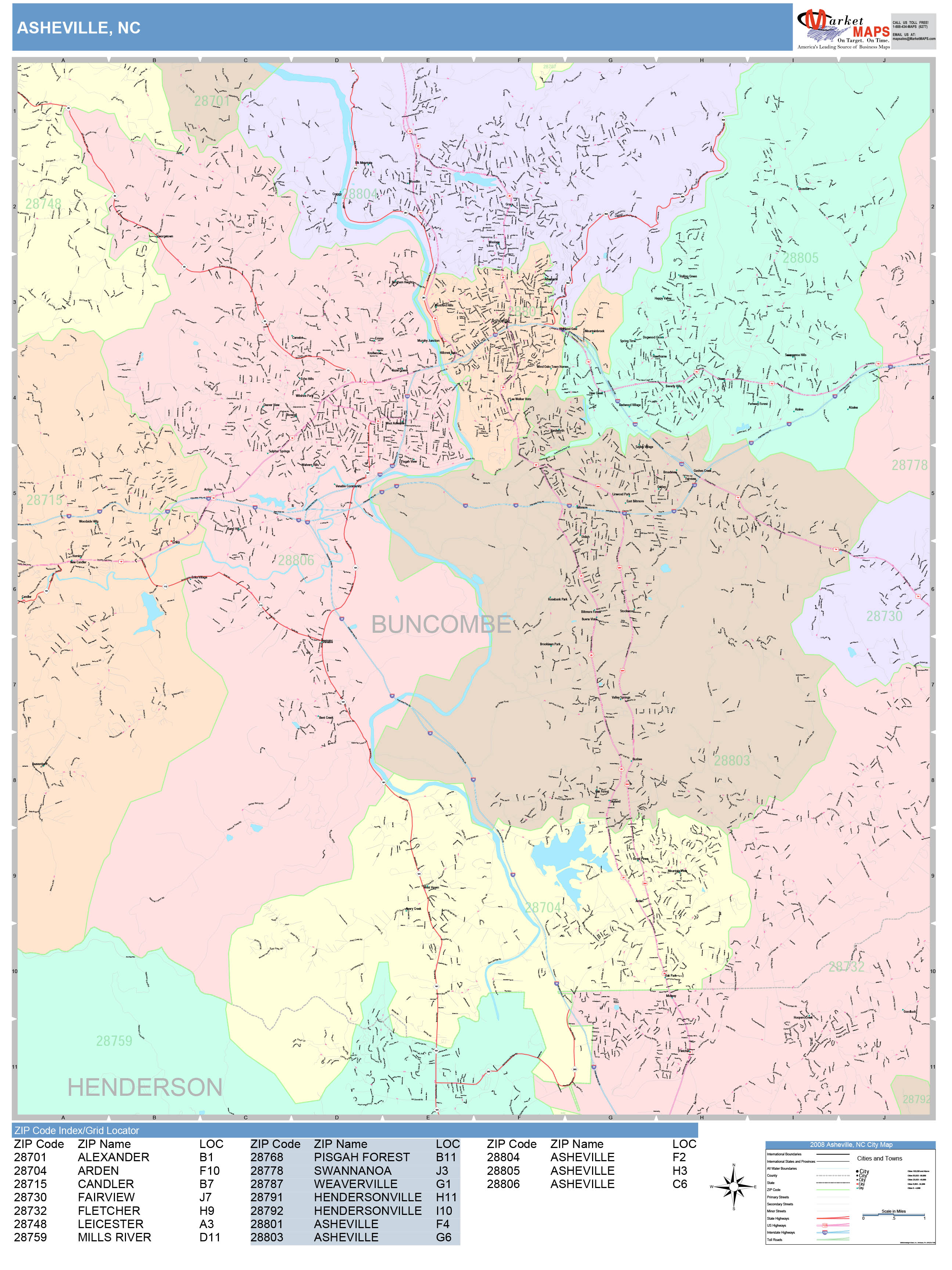 Asheville North Carolina Wall Map (Color Cast Style) by MarketMAPS