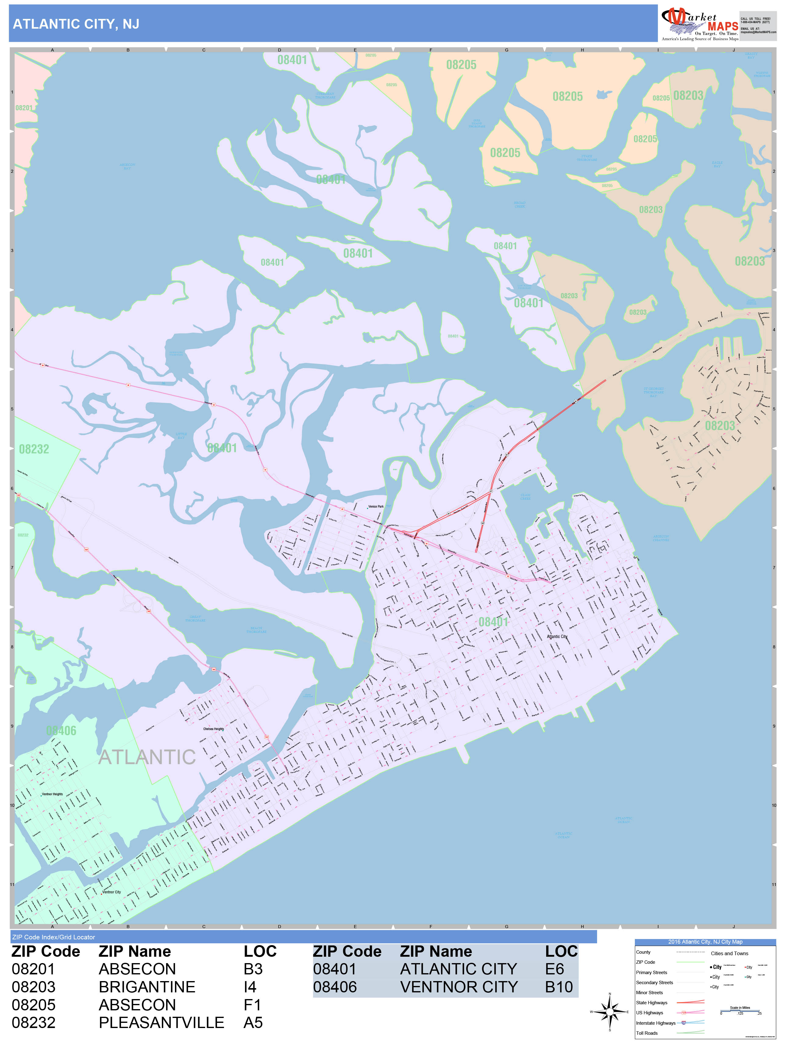 Atlantic City New Jersey Wall Map (Color Cast Style) by MarketMAPS