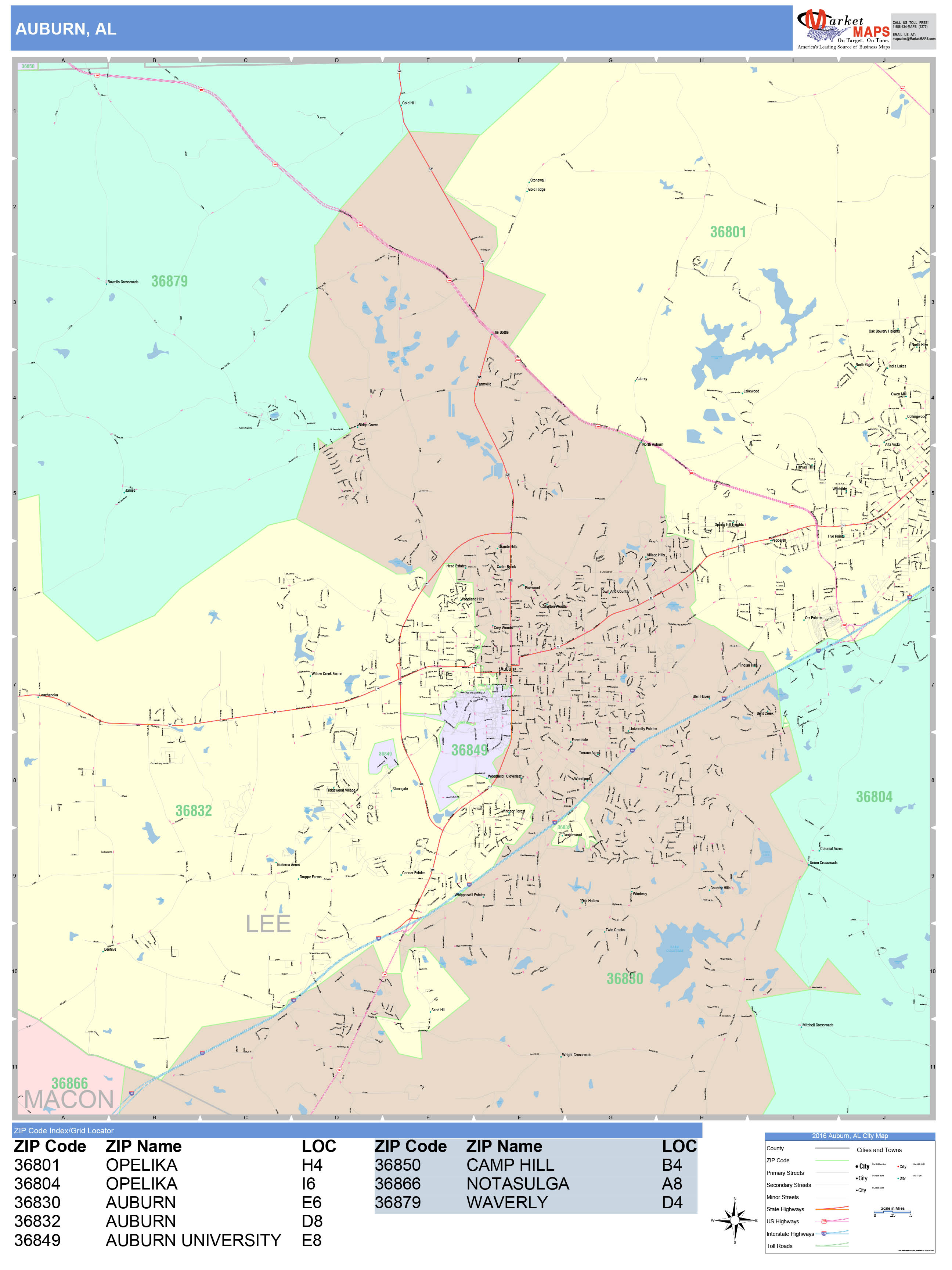 Auburn Alabama Wall Map (Color Cast Style) by MarketMAPS