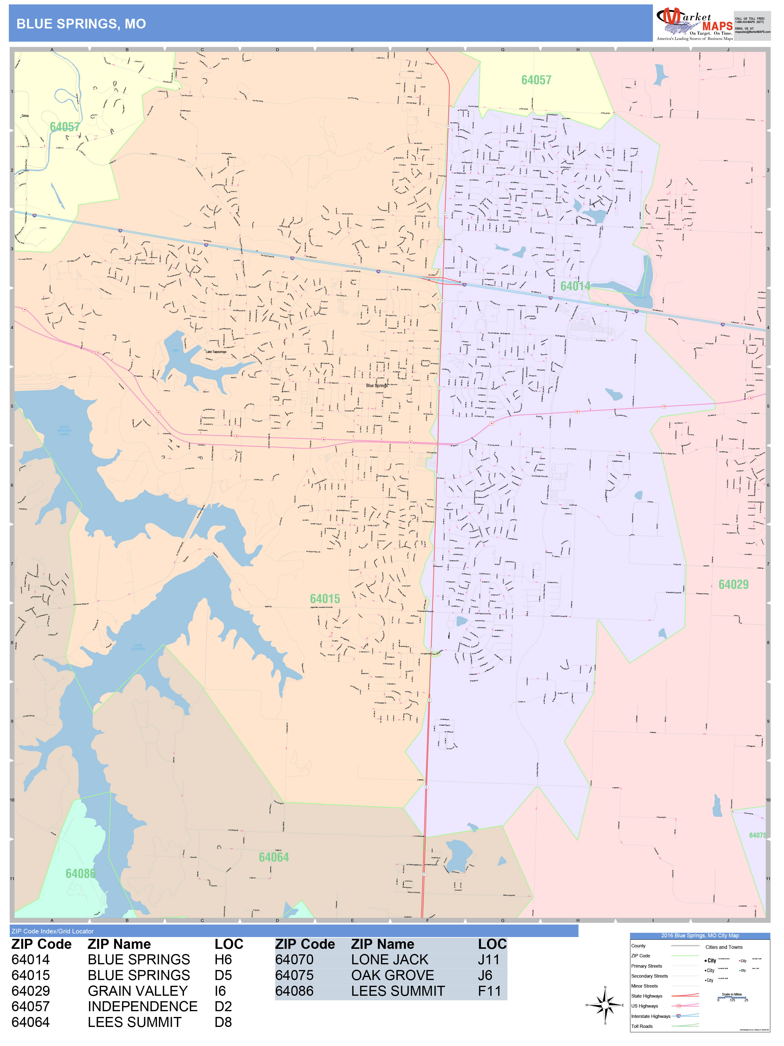 Blue Springs Missouri Wall Map (Color Cast Style) by MarketM