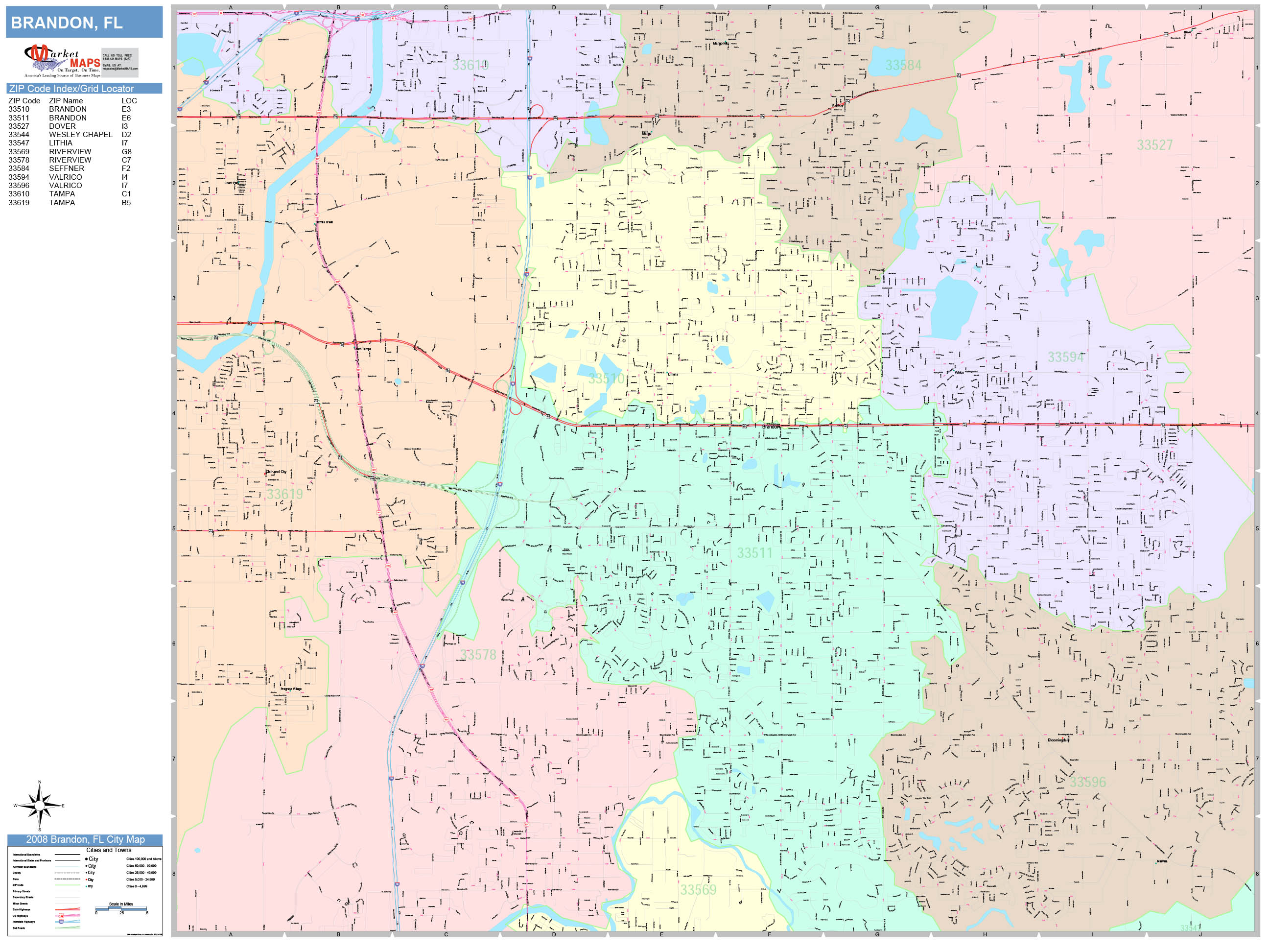Brandon Florida Wall Map (Color Cast Style) by MarketMAPS