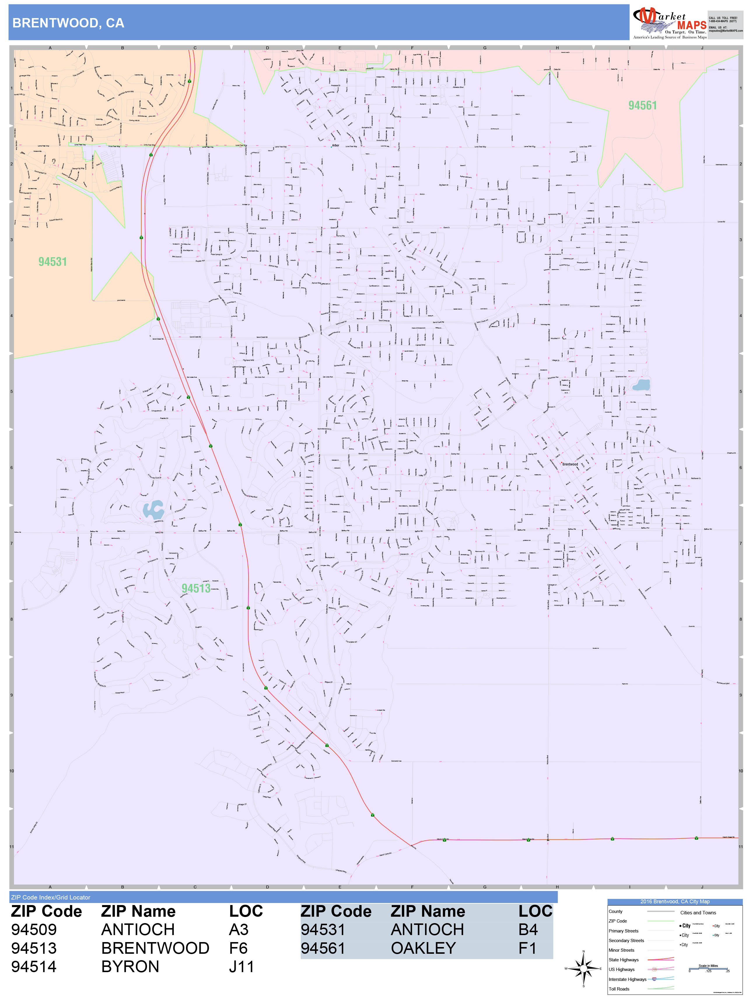 Brentwood California Wall Map (Color Cast Style) by MarketMAPS