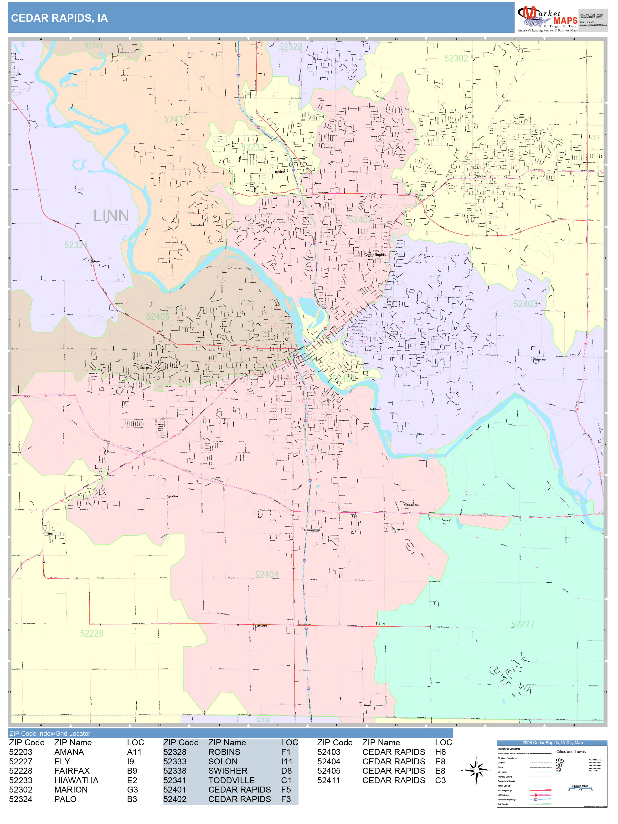 Cedar Rapids Iowa Wall Map (Color Cast Style) by MarketMAPS